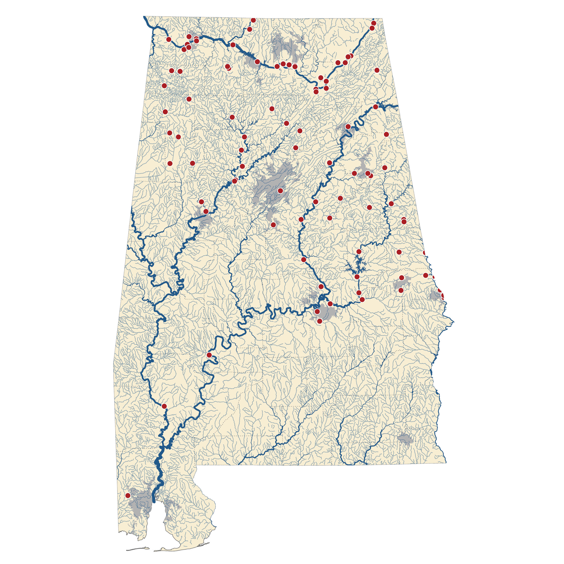 The map above shows drinking water sources in Alabama that may be affected by the proposed rule change. Big Creek Lake is shown as the red dot at the bottom corner of the map. Map - Southern Environmental Law Center