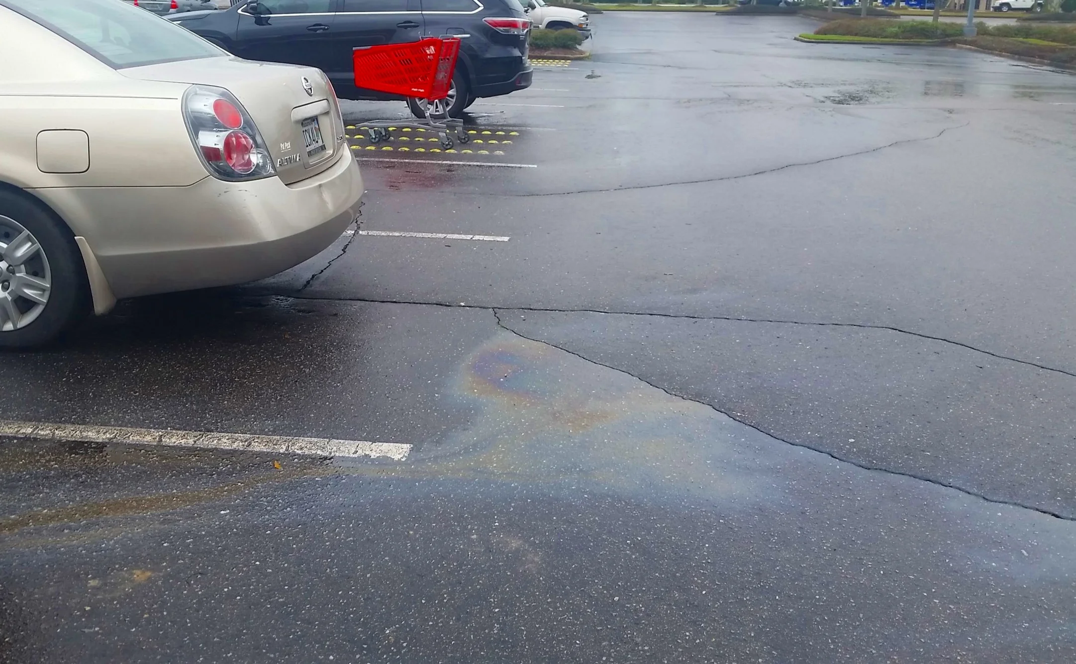 Oily stormwater runs off of a parking lot.
