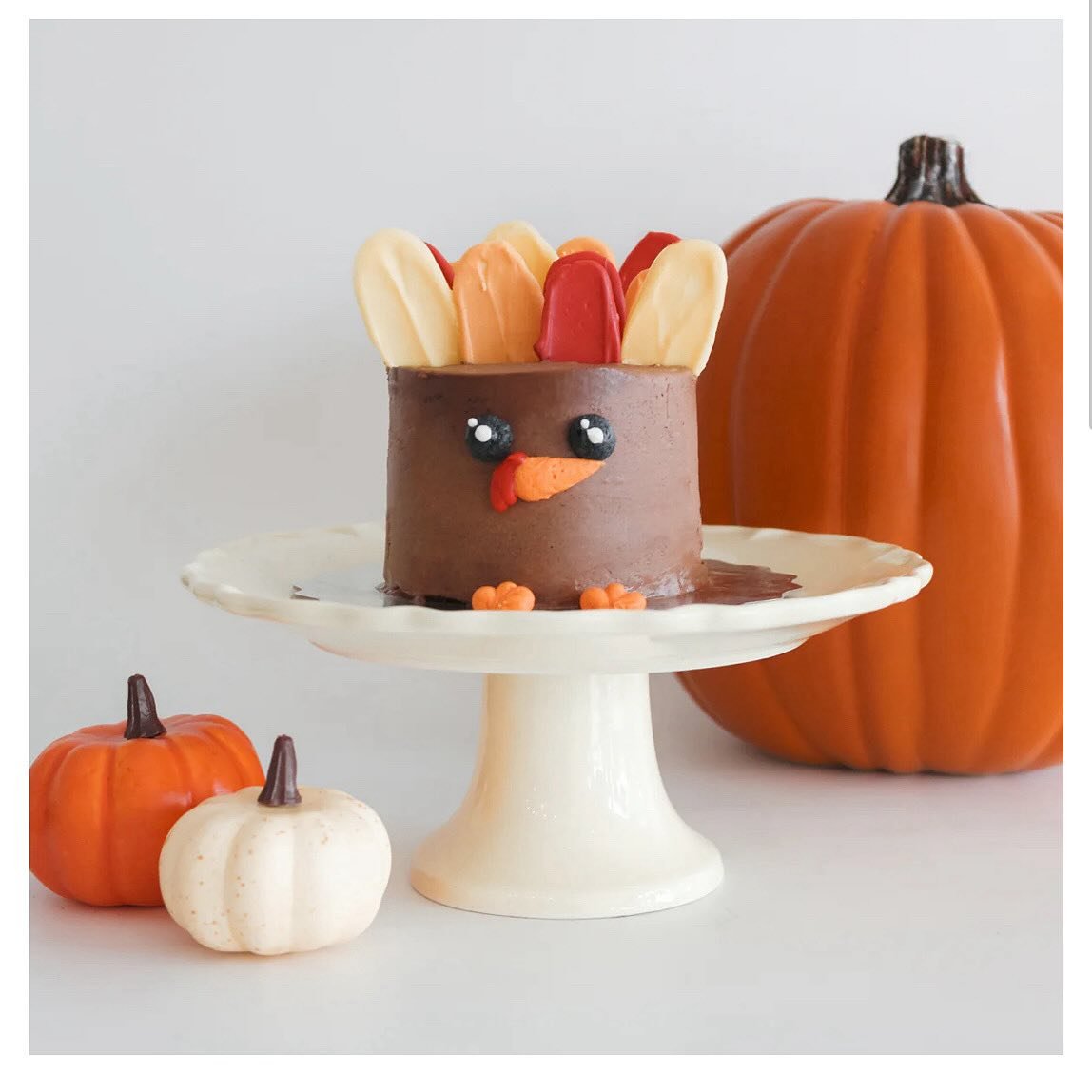 Say hello to the cutest little showstopper for your Thanksgiving table 🦃✨. This mini masterpiece is made with two layers of rich, moist chocolate cake, filled and frosted with creamy milk chocolate buttercream. Topped with candy feathers and butterc