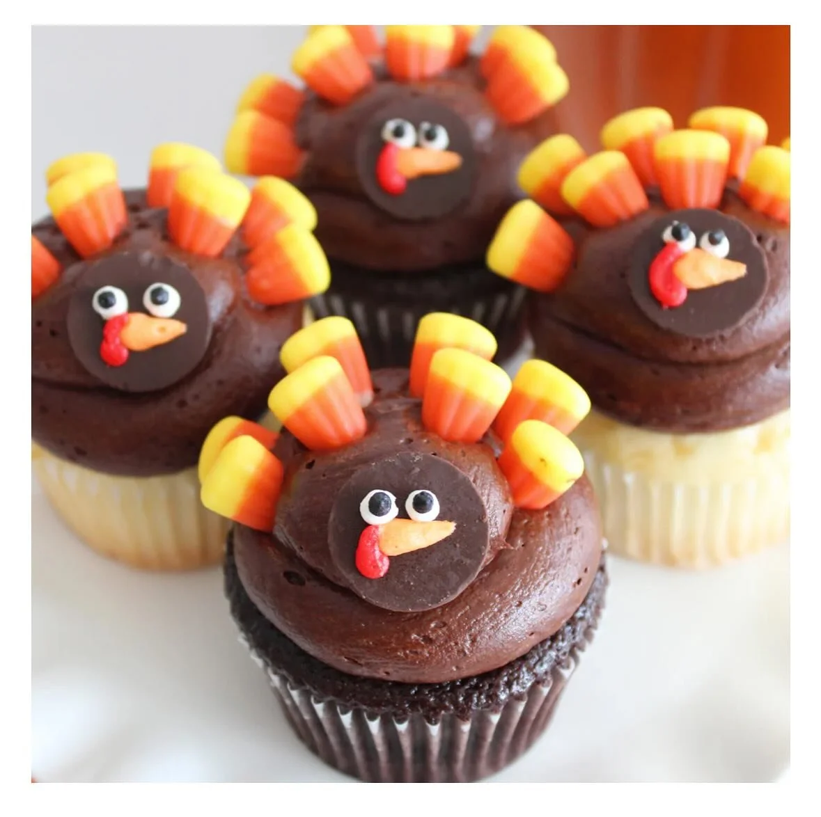 Gobble up the fun with these Turkey Cupcakes! These festive treats are decorated with candy corn &ldquo;feathers&rdquo; for a playful seasonal flair. Each set includes three chocolate cupcakes with rich chocolate frosting and three vanilla cupcakes t
