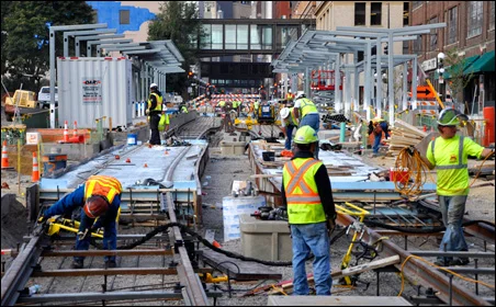 Rail beds and platforms on Fourth Street in front of Union Depot in St. Paul