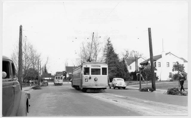 East Sacramento was once served by PG&E streetcars that ran down J Street, turning south at 46th Street. By the time this photo was taken circa 1945 they turned around and returned from this point, but until the mid-1930s they ran south through East Lawn Cemetery, zig-zagged past the Coloma School in Elmhurst and stopped at the rear entrance to the California state fairgrounds. Residents of 38th Street could easily reach the fairgrounds or downtown Sacramento on the #3 streetcar until it stopped running in 1946.