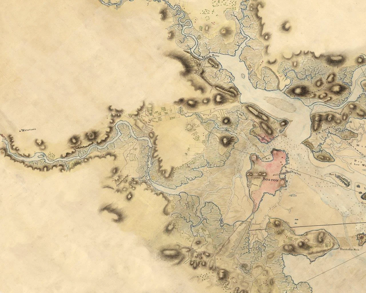 Above Map: Lt. John Hills, "Boston, with the surroundings, &c.," early 1770s, detail. Courtesy of Library of Congress.