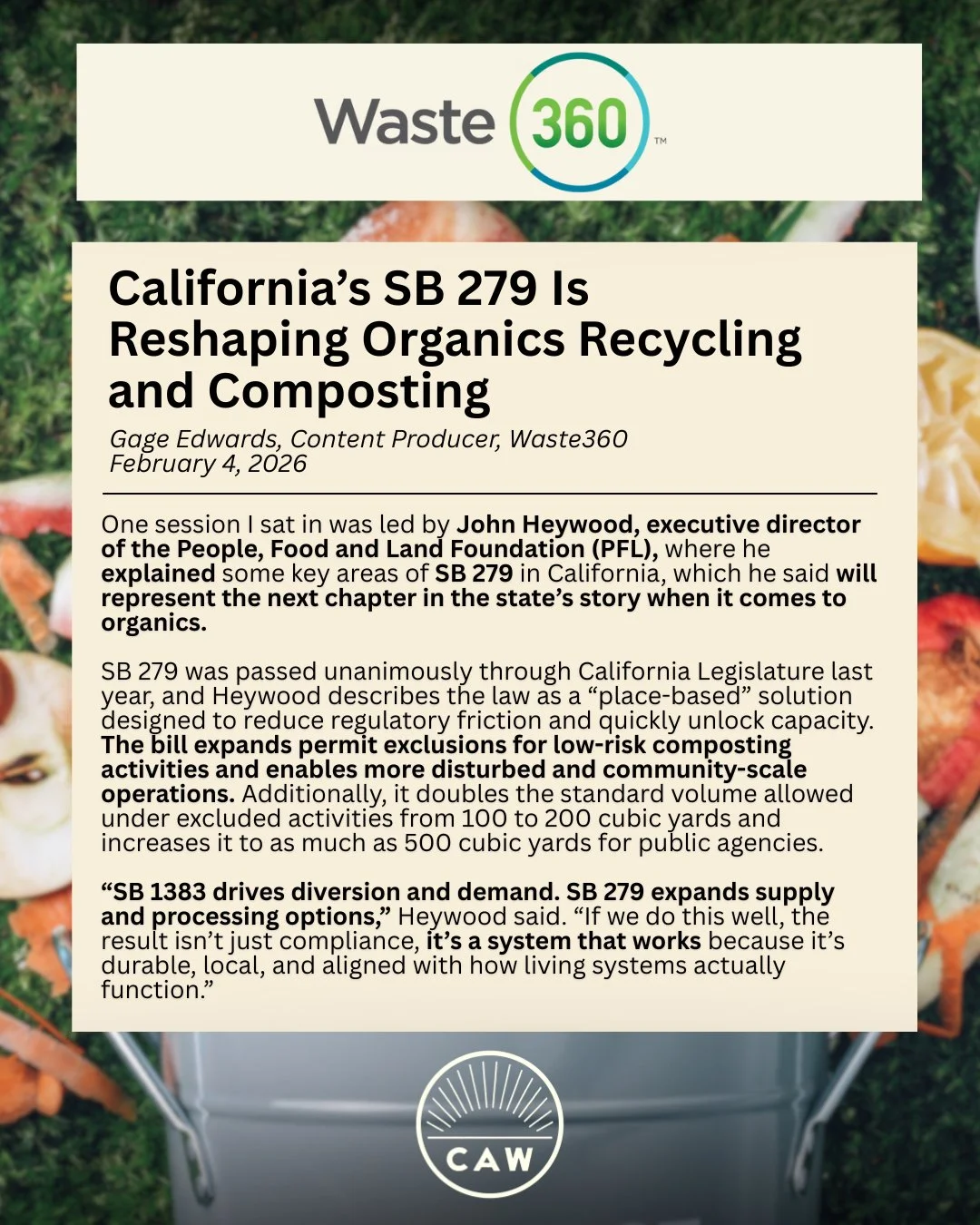 SB 279 (McNerney), co-sponsored by Californians Against Waste, was one of the topics of discussion at this year's Compost 2026. Compost 2026 kicked off this week in Sacramento, California and brought compost lovers from across the nation to talk abou
