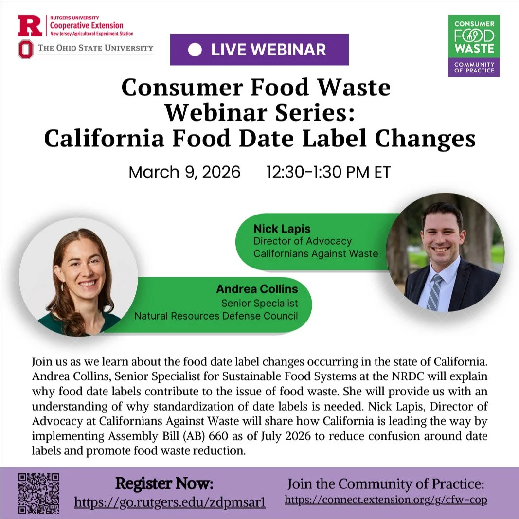 Join us as we learn about the food date label changes occurring in the state of California.

Andrea Collins, Senior Specialist for Sustainable Food Systems at the NRDC will explain why food date labels contribute to the issue of food waste. She will 