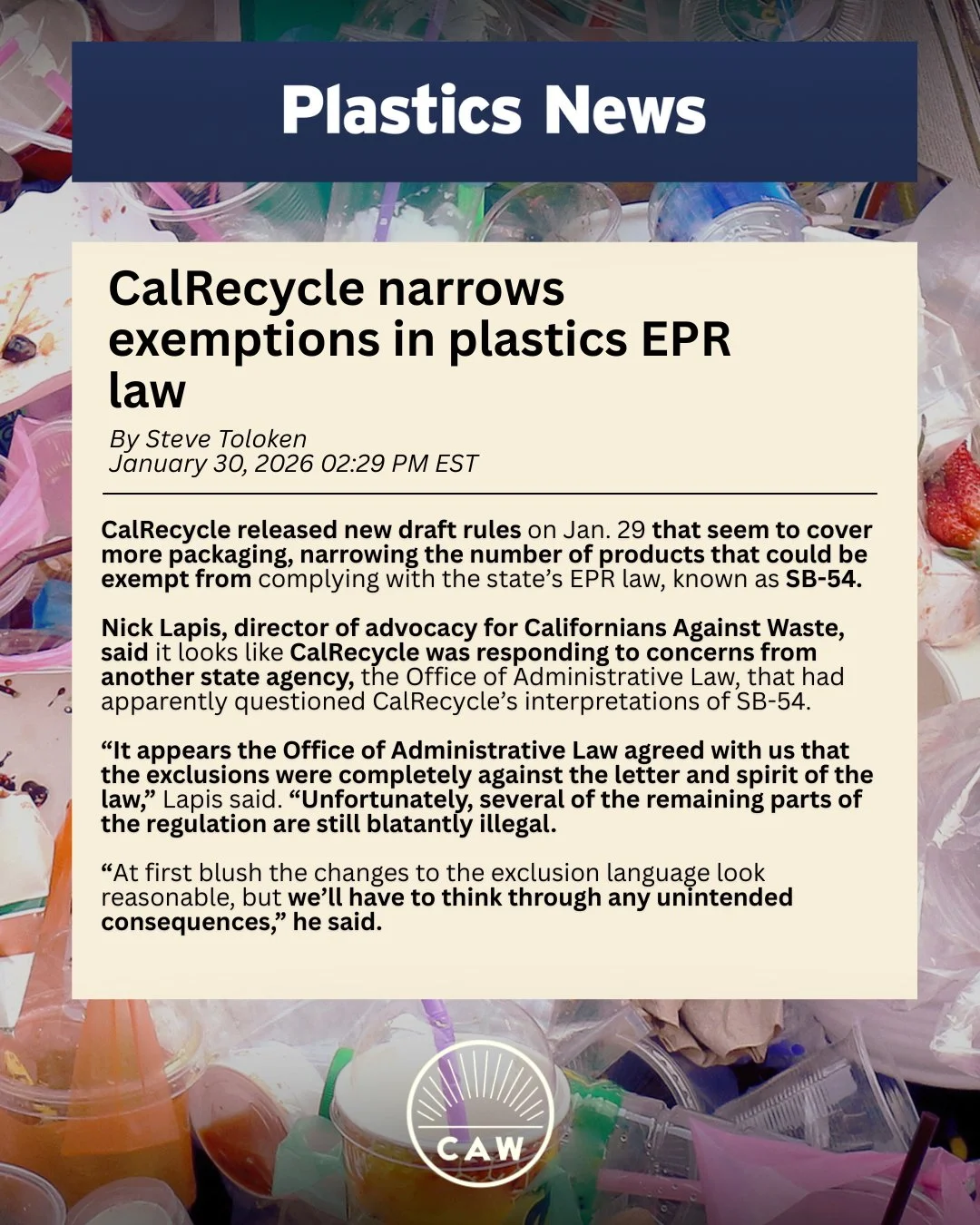 Did you see that CalRecycle released new draft regulations for SB 54? Read our Director of Advocacy's response and more at: https://tr.ee/lTQDT42aFB