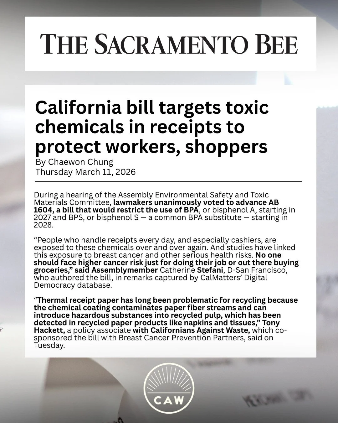We made the paper -- CAW is proud to sponsor AB 1604 (Stefani)! Thank you @asmstefani for your leadership in protecting workers against toxics in the workplace.