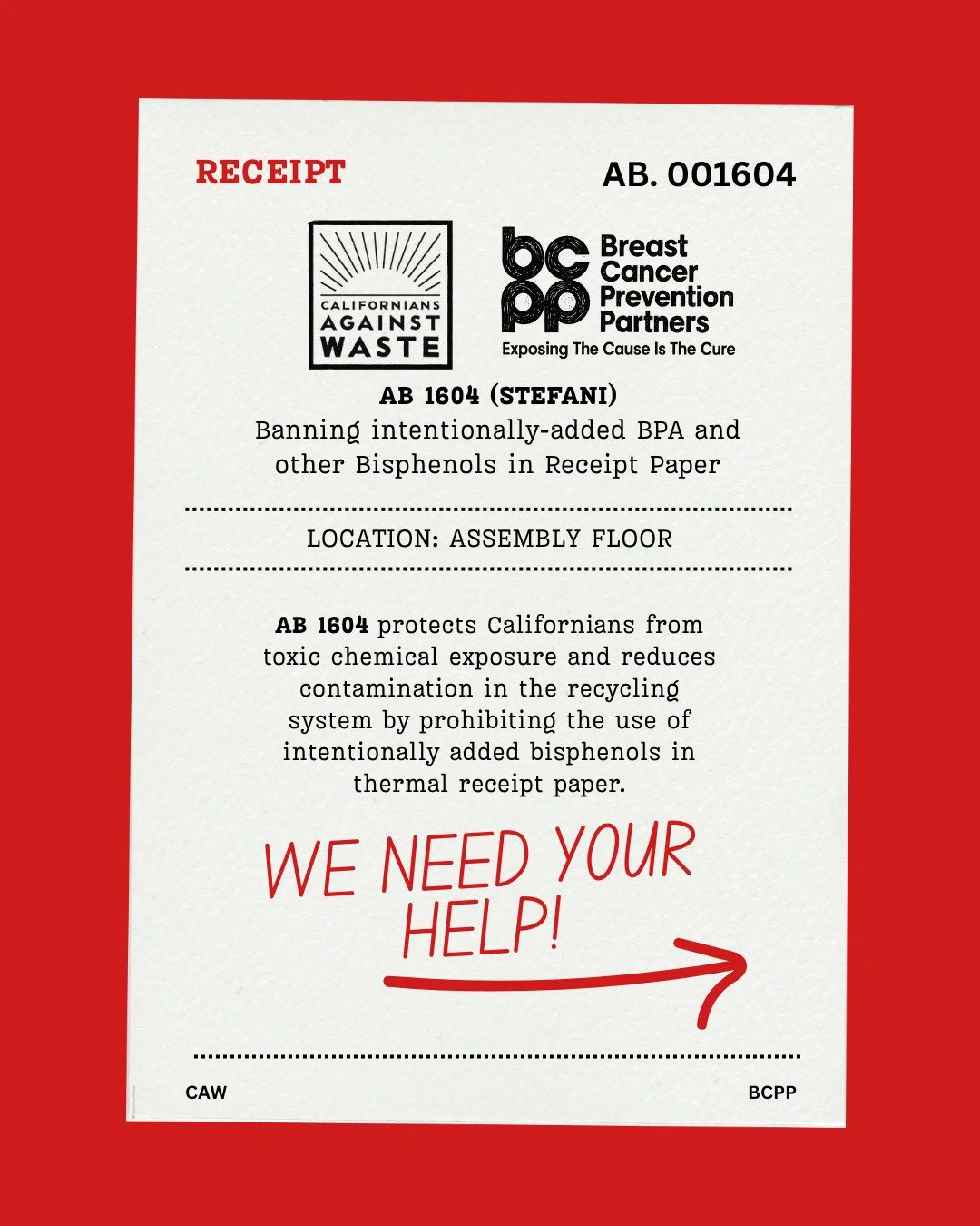 receipts are coated in chemicals linked to cancer and infertility and they absorb through your skin on contact. AB 1604 would fix that. tell your CA legislator to vote yes. it takes 60 seconds.

link in bio or: https://cawrecycles.salsalabs.org/ab160