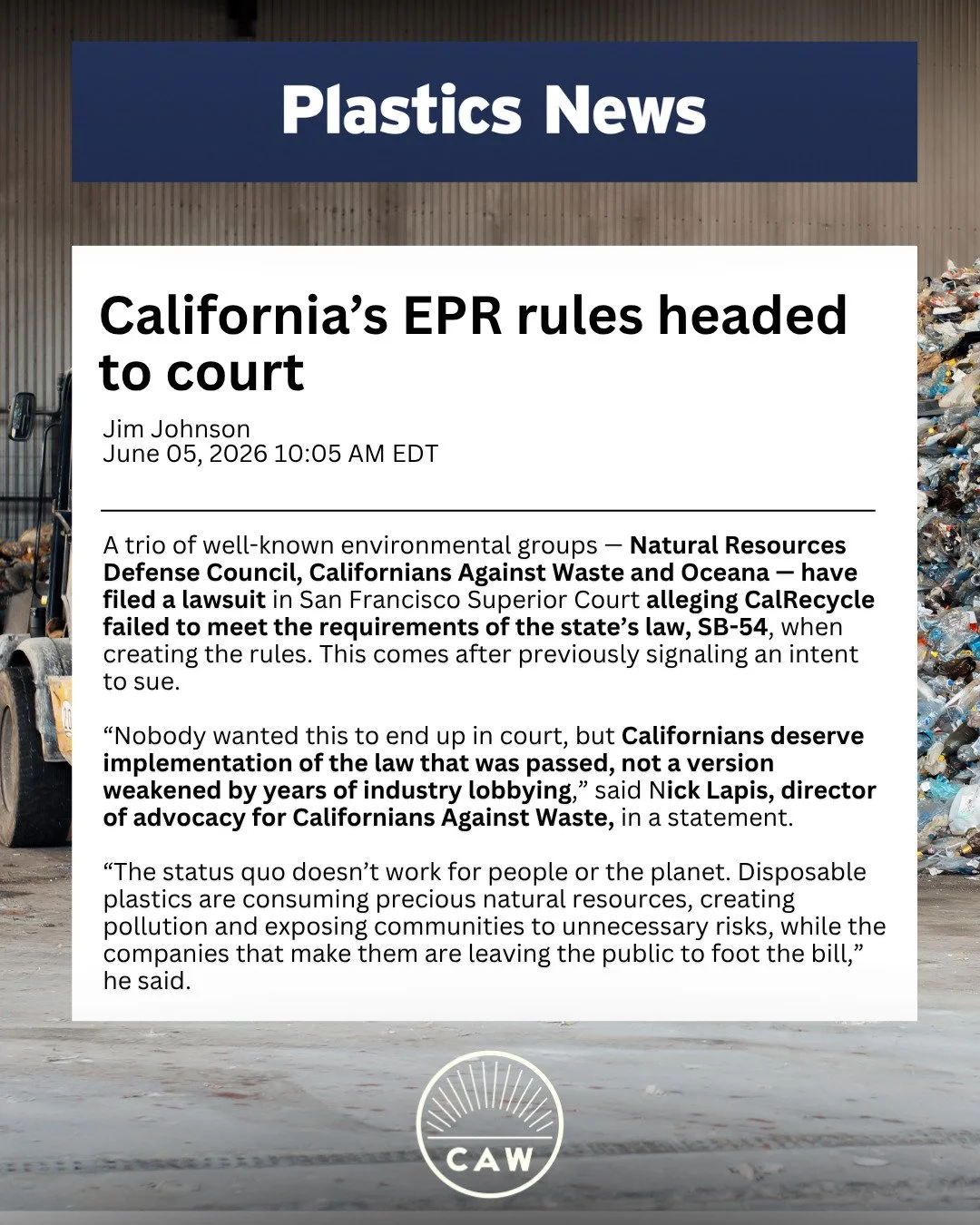Our lawsuit against CalRecycle just got filed in the San Francisco Superior Court. We can't let industry lobbying beat the law.

Read the Plastics News article here: https://tr.ee/WpkDs_3T6k or at the link in our bio.
