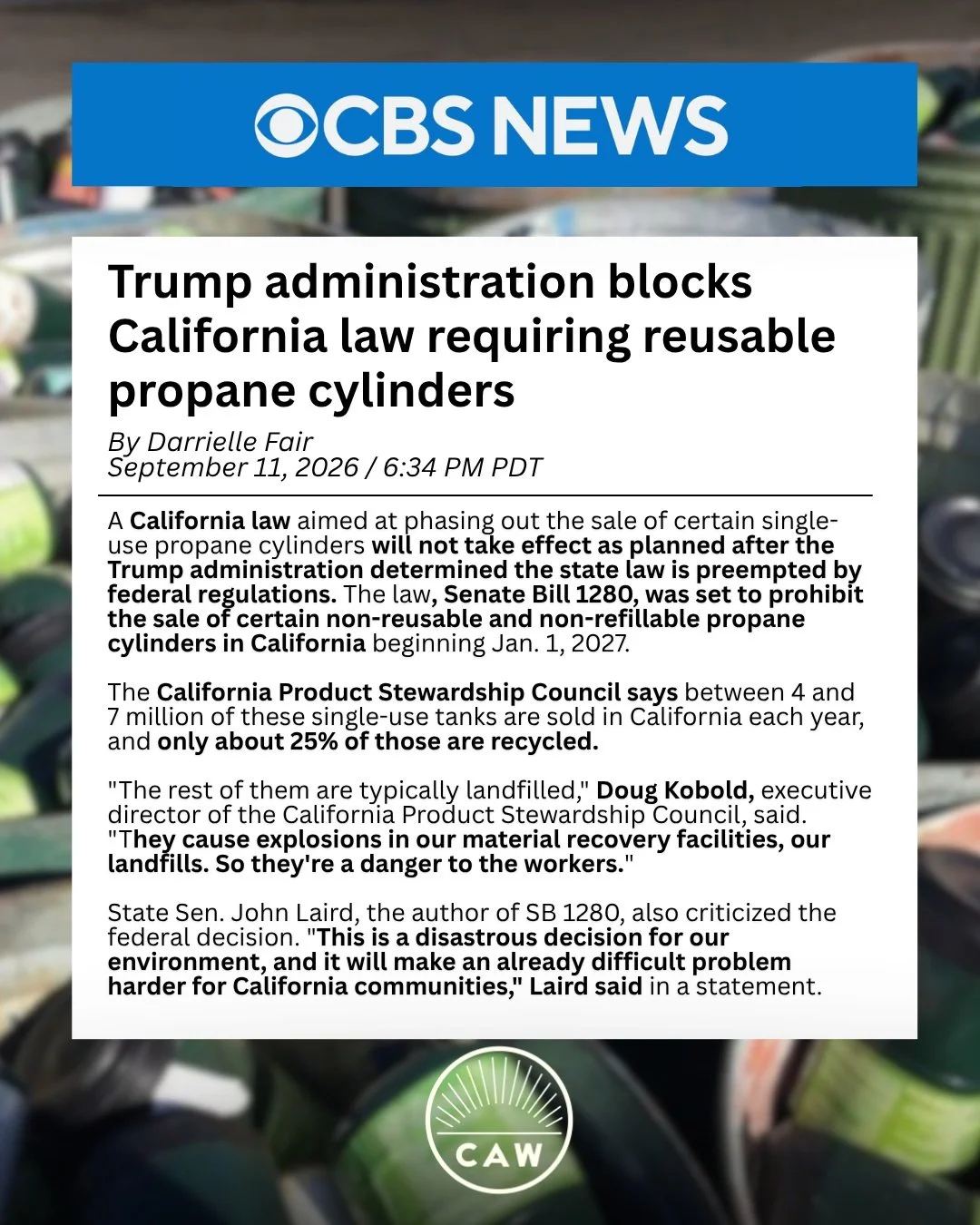 Reuse is the future, whether or not the Trump administration agrees! Disposable propane canisters pose a serious risk to our waste infrastructure and workers. Thank you for your work on this, @calpsc .