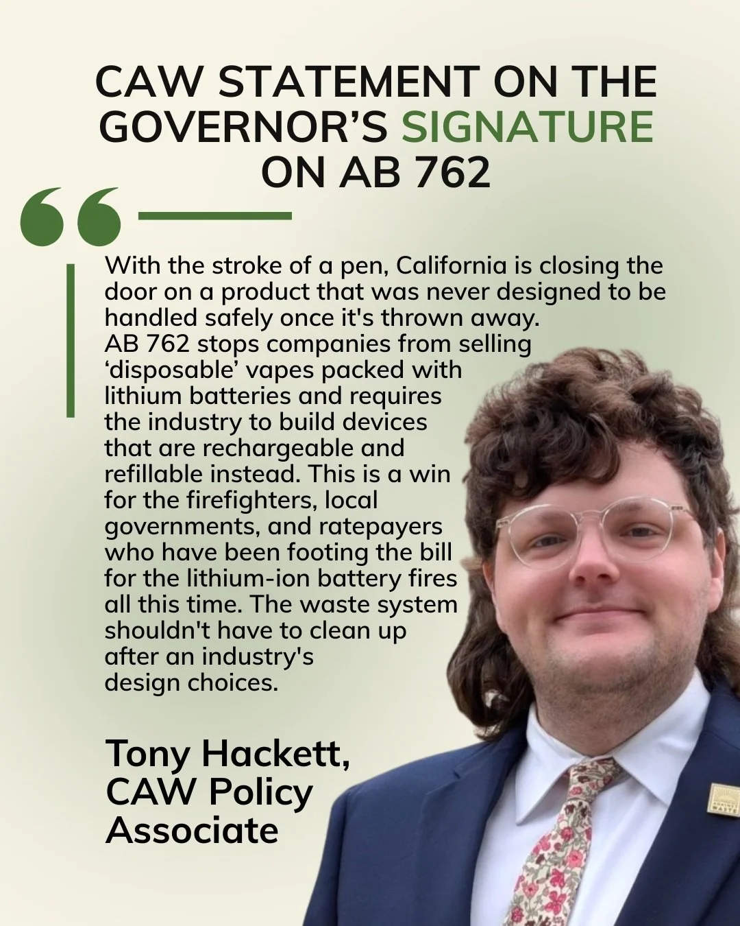 MAJOR VICTORY! AB 762 (Irwin &amp; Wilson) has officially been signed into law by Governor Newsom!

This @calpsc , @californiansagainstwaste, @cal.pirg , and @rethinkwasteorg co-sponsored bill bans the sale of single-use disposable vapes in Californi