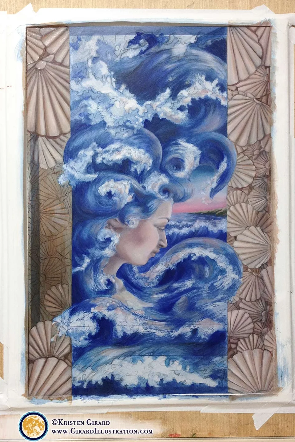 A water goddess comes to life as dawn kisses the sky in this nature inspired illustration full of ocean waves, sea shells, and natural magic. Behind the scenes look at painting Water Magic from the Art for Creation Collection © by artist Kristen Girard. To see the finished goddess of water painting click here. Beautiful limited edition fine art prints are available to bring the magic of the ocean to your home in the Art & Storie Shop . Click here to explore framed and unframed goddess art prints.