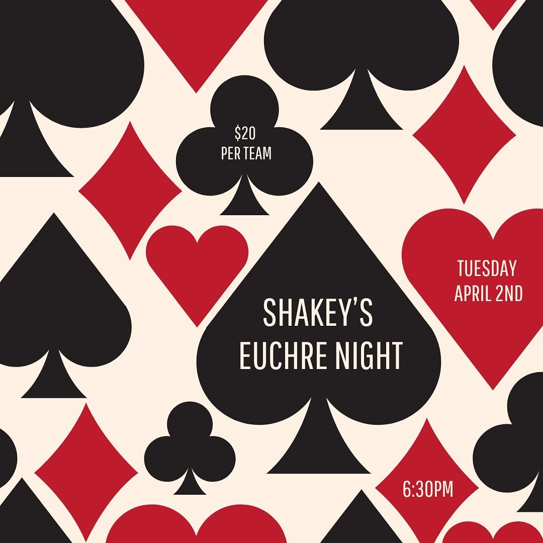 &spades;️&hearts;️ Euchre Night &diams;️&clubs;️

Join us this Tuesday, April 2nd at 6:30pm for a fun night of Euchre. $20 buy-in per team and winner takes all! 

DM us or call 416-767-0608 to reserve your spot 📞