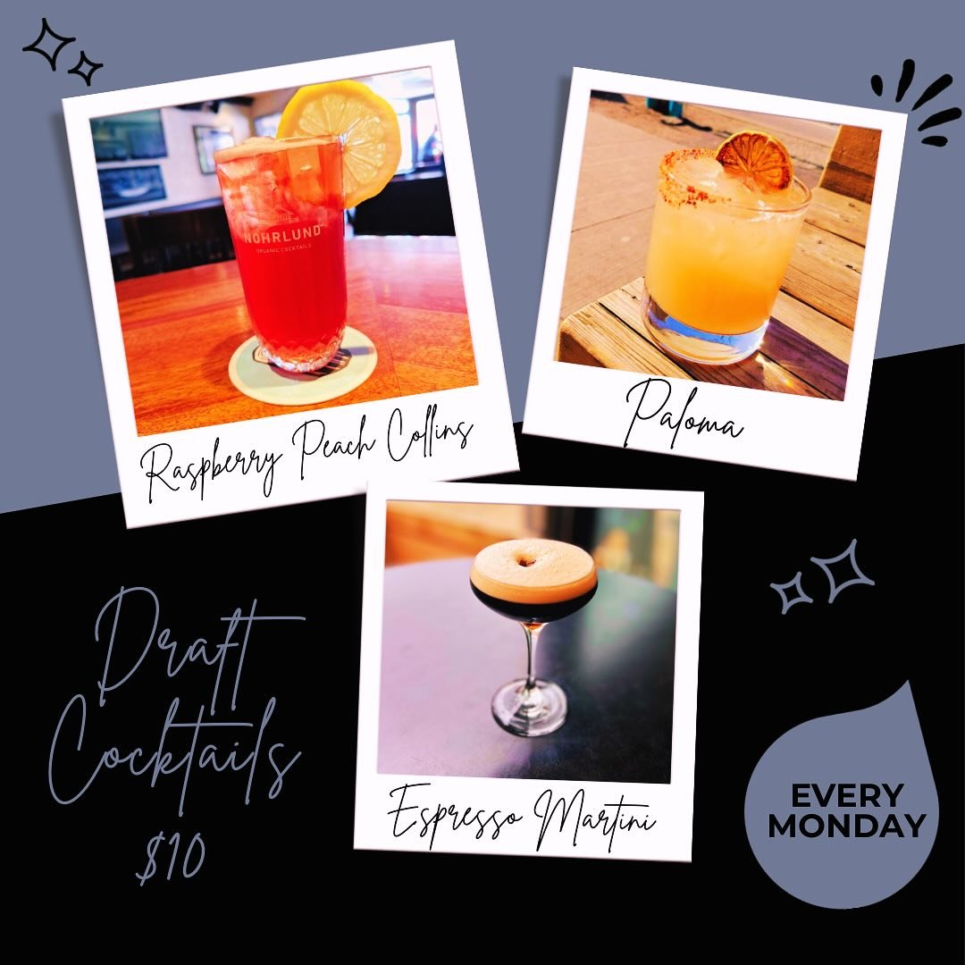 All of our draft cocktails are $10 every Monday 🍹

We have 3 delicious options:

- Espresso Martini from @drinklocalspirits ☕️
- Paloma from @dejadotequila 🍊
- Raspberry Peach Collin&rsquo;s from @nohrlund 🍑

#monday #mondayvibes #drinkspecials #c