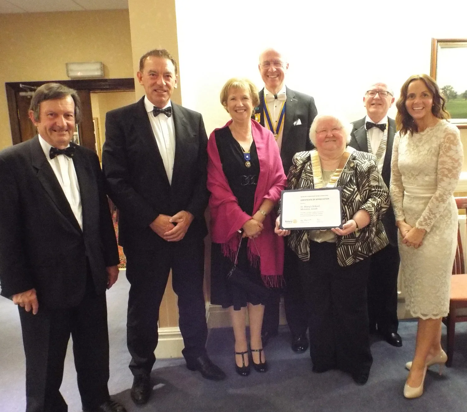 Photo: LEFT TO RIGHT: Bill Hudson, Rotary Club of Aireborough International Committee, David Geldart, Founder of the Bambisanani Partnership, Marilyn Harbage wife of Keith, Keith Harbage, President of the Rotary Club of Leeds, Hazel Haas, District Governor of District 1040 of Rotary in Great Britain and Ireland, Tony Scaife, President of the Rotary Club of Aireborough, Mrs C Chattoe, Bambisanani Partnership Co-ordinator