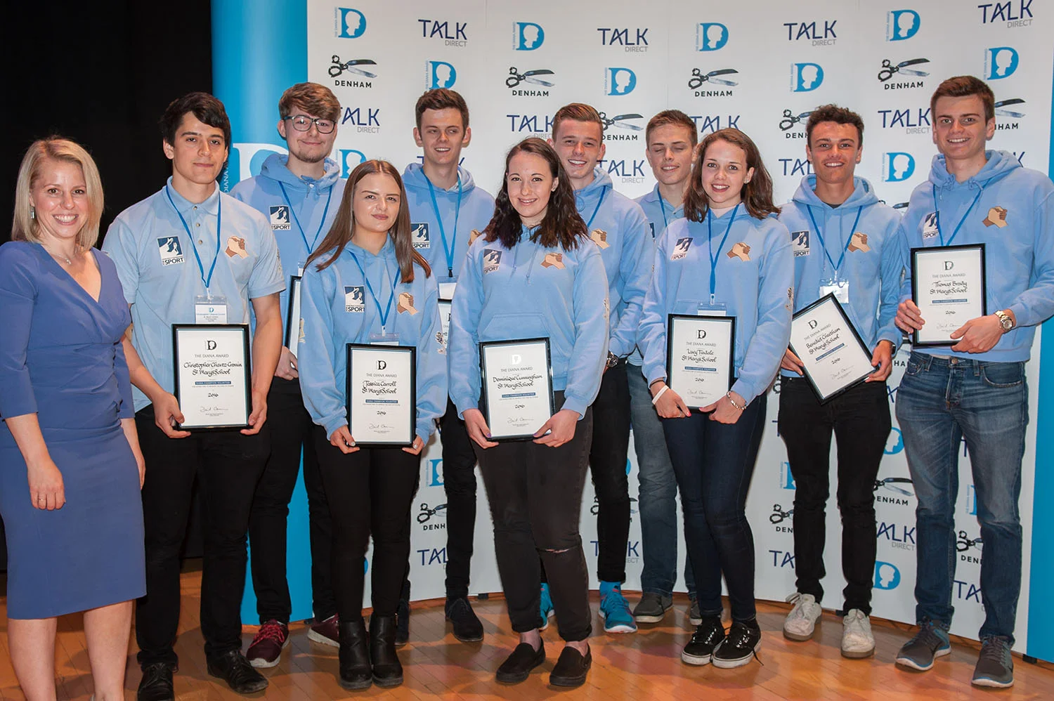 Photo: FROM LEFT TO RIGHT: BBC Reporter Danielle Hewson, Chris Chavez-Cronin, Niall Hogan, Jessica Carroll, Elliot Mulligan, Dominique Cunningham, Mitchell Lofthouse, Joseph Copsey, Lucy Tindale, Benedict Cheetham, Thomas Brady, Diana Award INSPIRE Leeds Event, 15 July 2016