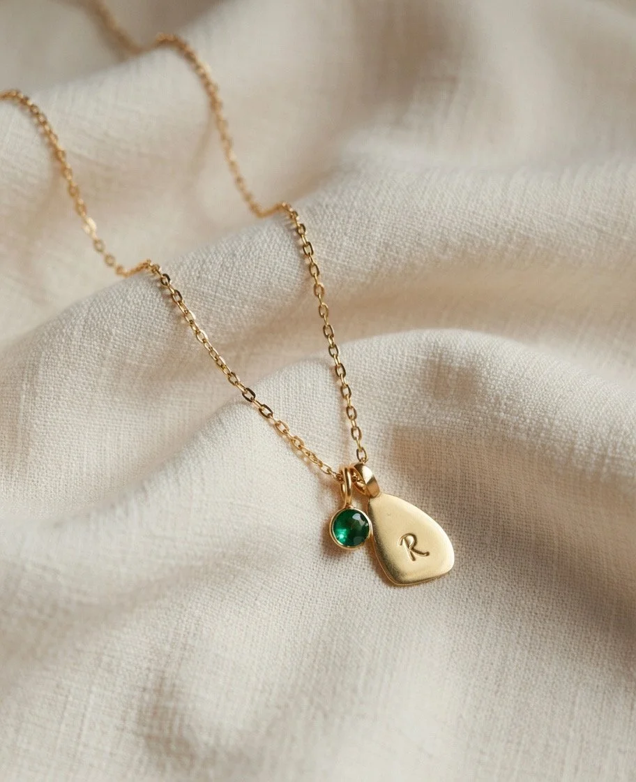 Gold Little Leaf Initial Necklace with Gemstone.jpeg