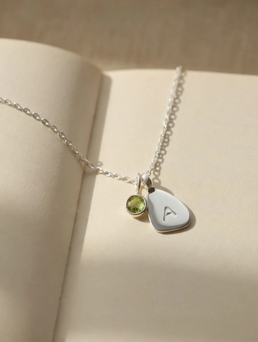 Silver Little Leaf Initial Necklace gemstone Ireland .jpeg