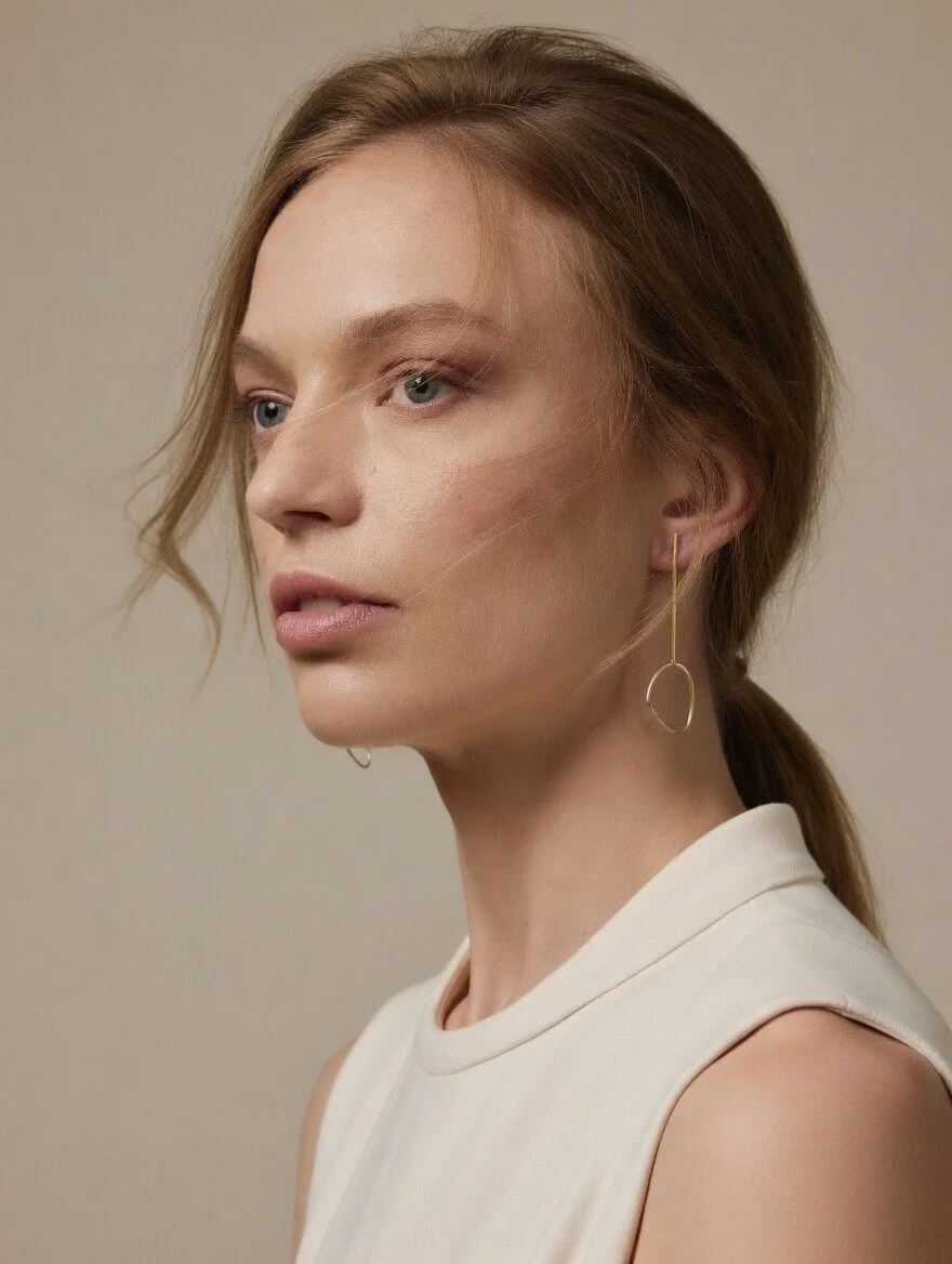 Model wearing Ammil long statement earrings in gold vermeil.jpeg