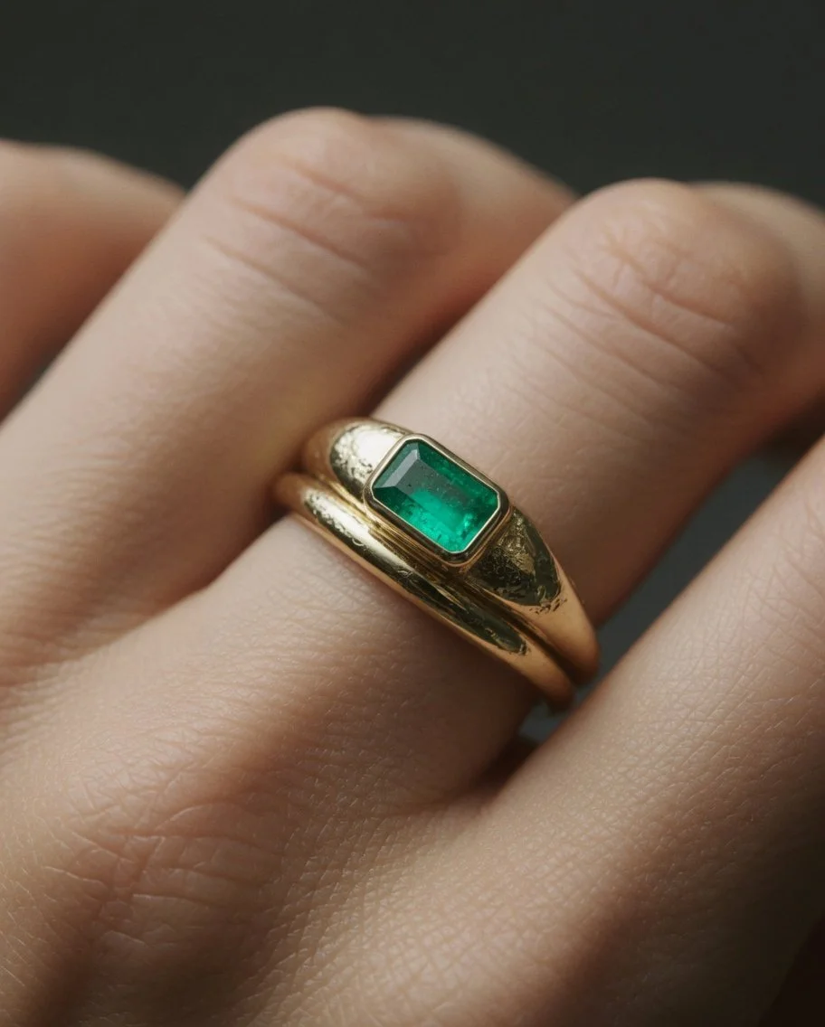 A gold ring with a rectangular green gemstone on a person's finger.