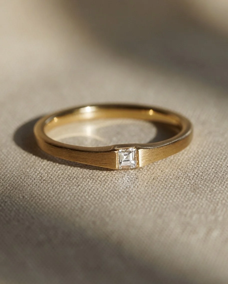 A gold ring with a small square-shaped gemstone resting on a light-colored fabric surface.