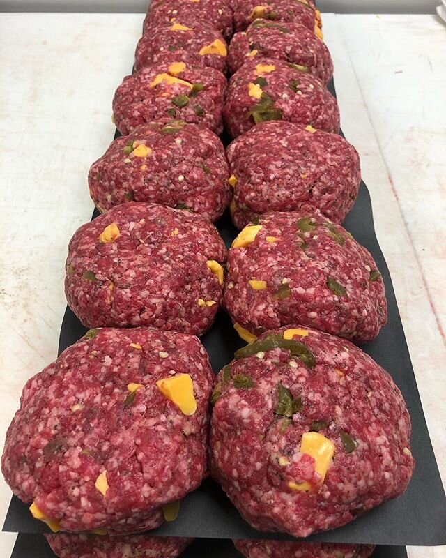 Smoked Jalapeno &amp; cheese curd burger just made its way to the case! We also have Pesto &amp; Parmesan burgers as well as fresh BBQ burgers.