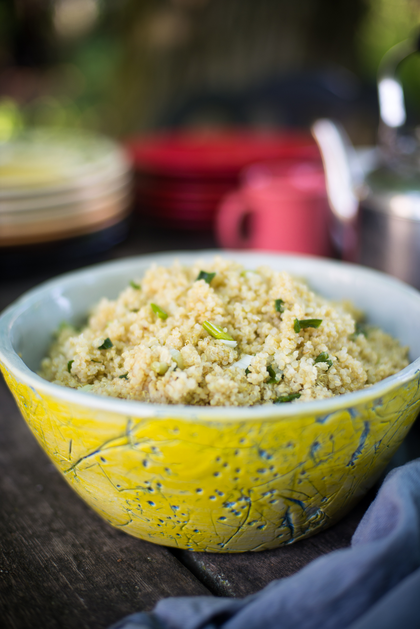Quinoa pilaf with sauteed scallions in a handmade ceramic bowl by my friend John Grissafi. He pressed cilantro buds and stems into the sides of the bowl to make the blue pattern.