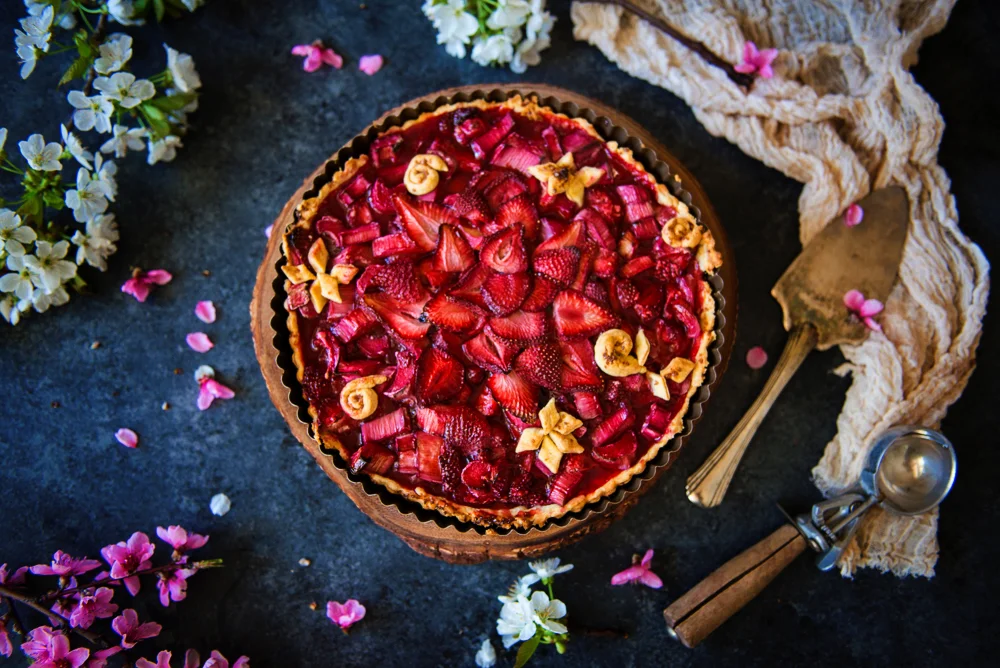 Hibiscus Rhubarb and Spring Strawberry Tart