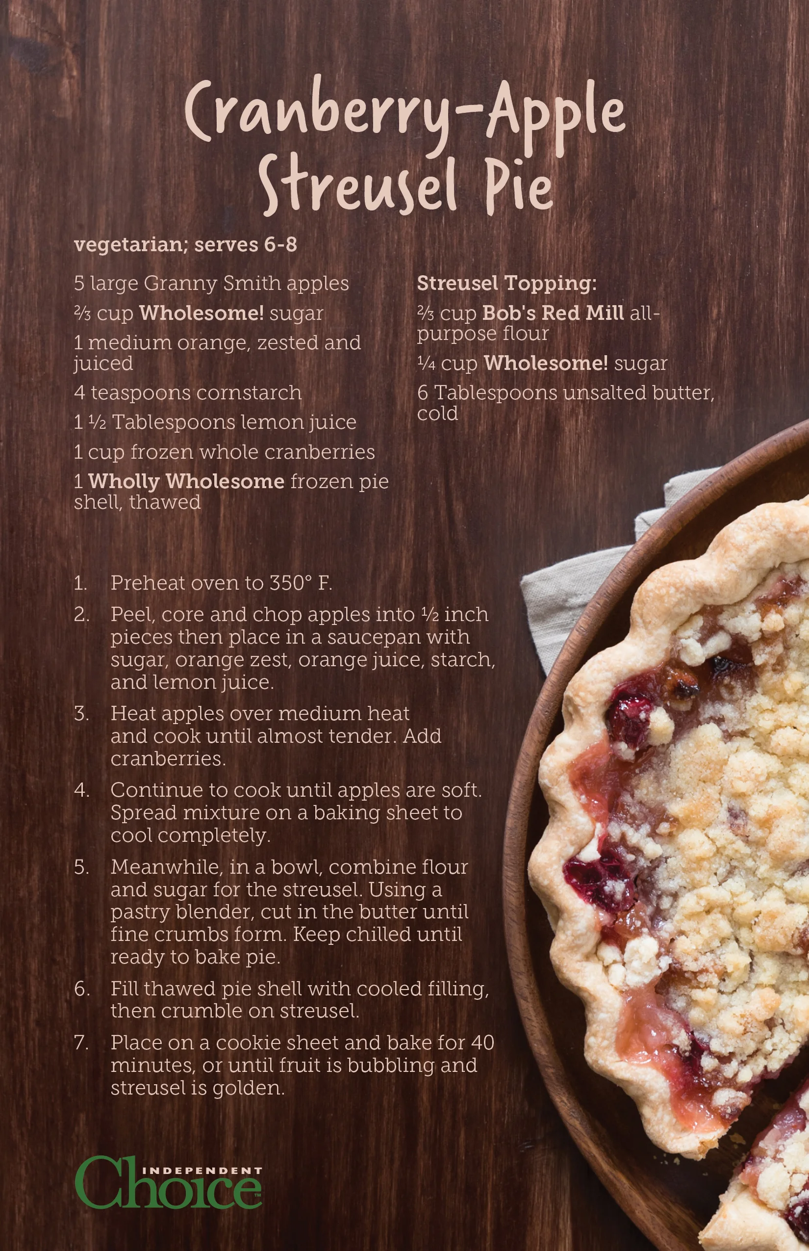Vegetarian. To make this gluten free, Choices also carries Wholly Wholesome gluten free pie crusts and you can substitute our 1 to 1 gluten free flour for the regular flour! There are no animal products in the Wholly Wholesome pie crusts, so they are vegan friendly. You can also substitute vegan butter for regular butter in this recipe to make this deliciously vegan!