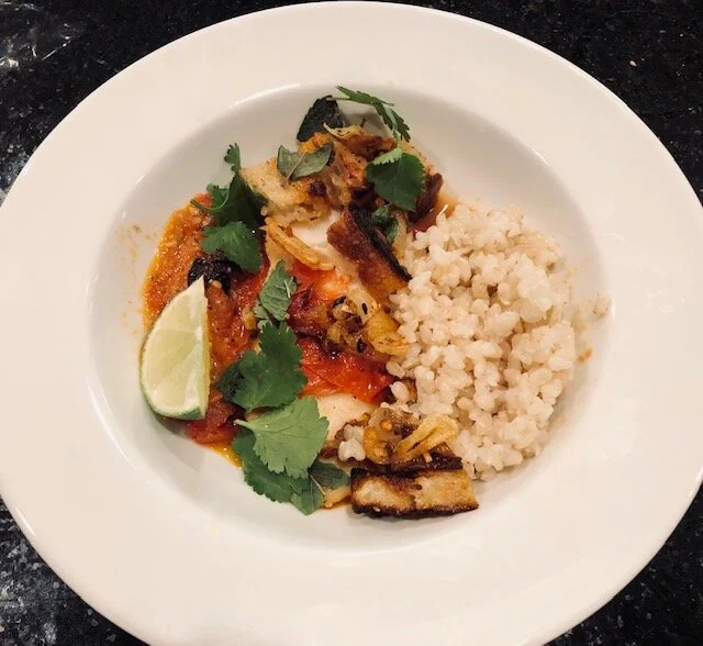 Another One Pan Meal:  Tomato-Poached Fish with Chile Oil and Herbs