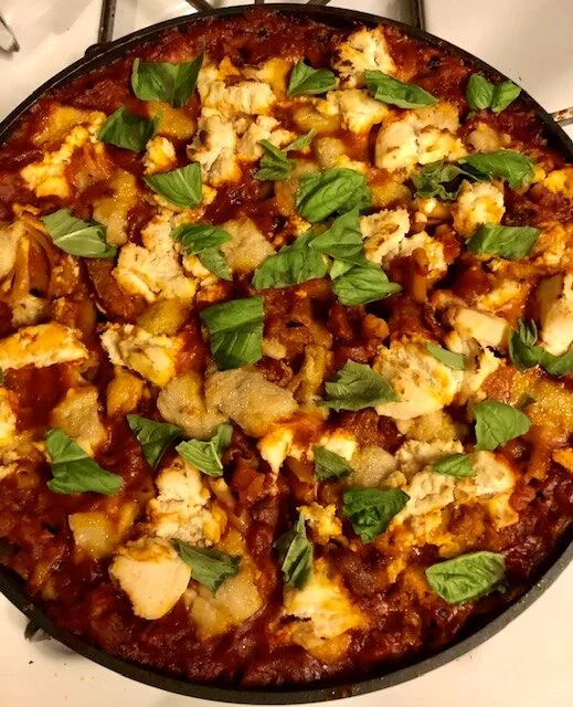 One Pan Meal:  Cheesy Baked Pasta With Sausage and Ricotta--the Vegan Version