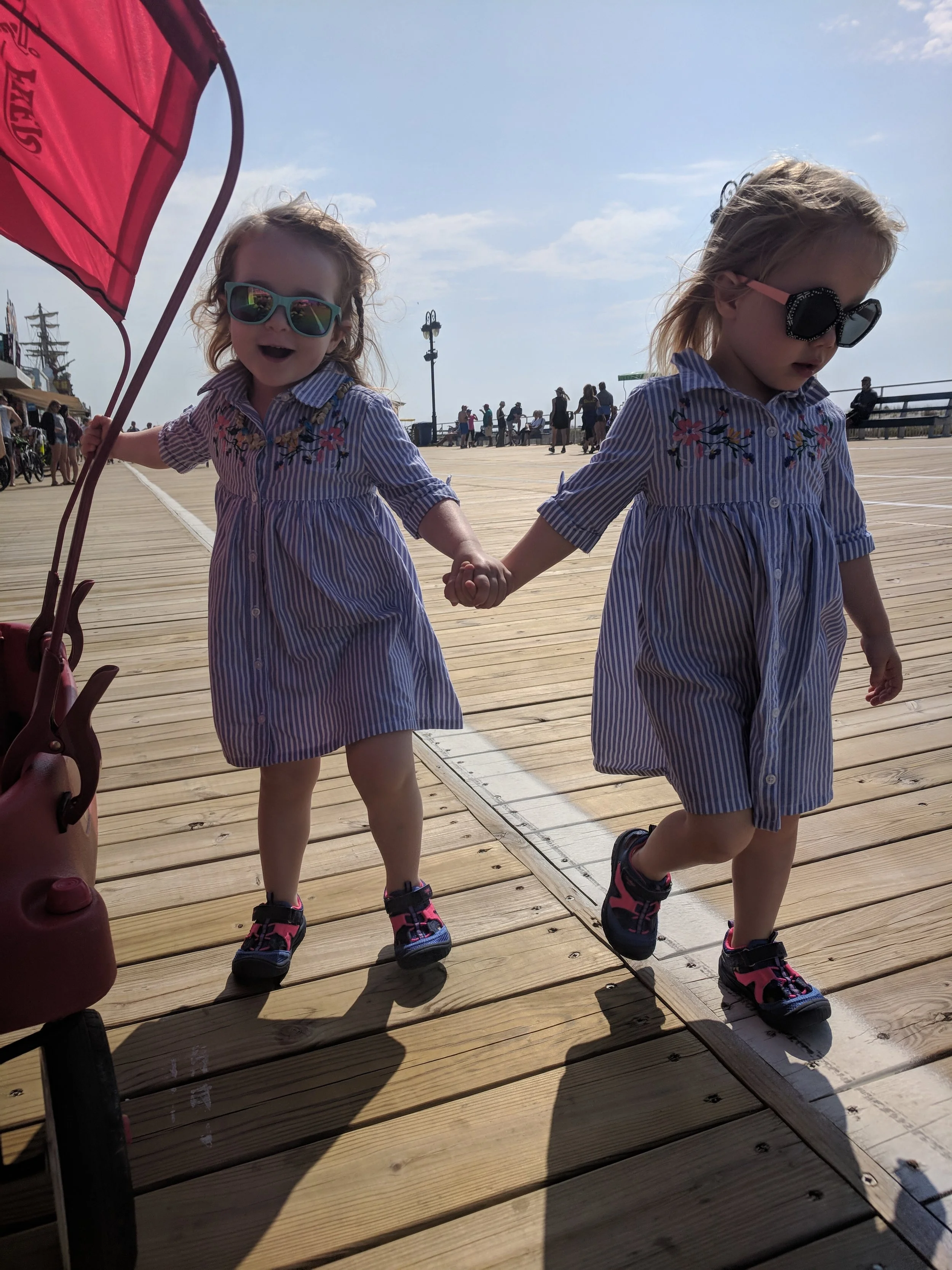 A wagon like this with a canopy can save you from carrying your kids all the way down the boardwalk. Unless they decide they won't go in it. Because toddlers. But at least my twins look cute, right?