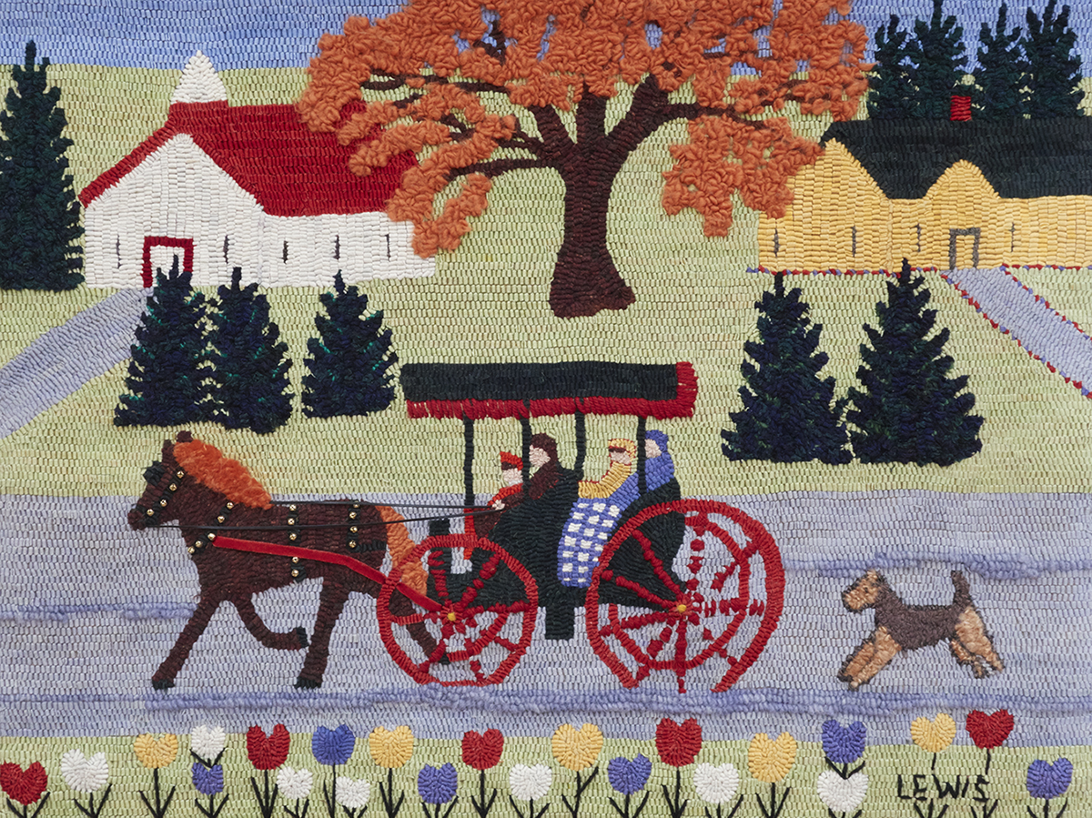 Horse Drawn Carriage and Dog, A Maud Lewis Adaptation Highland Heart Hookery; www.hookarug.com Licensed by the Art Museum of Nova Scotia On Exhibit at the Fort Francis Museum, Fort Francis, Ontario, 2015