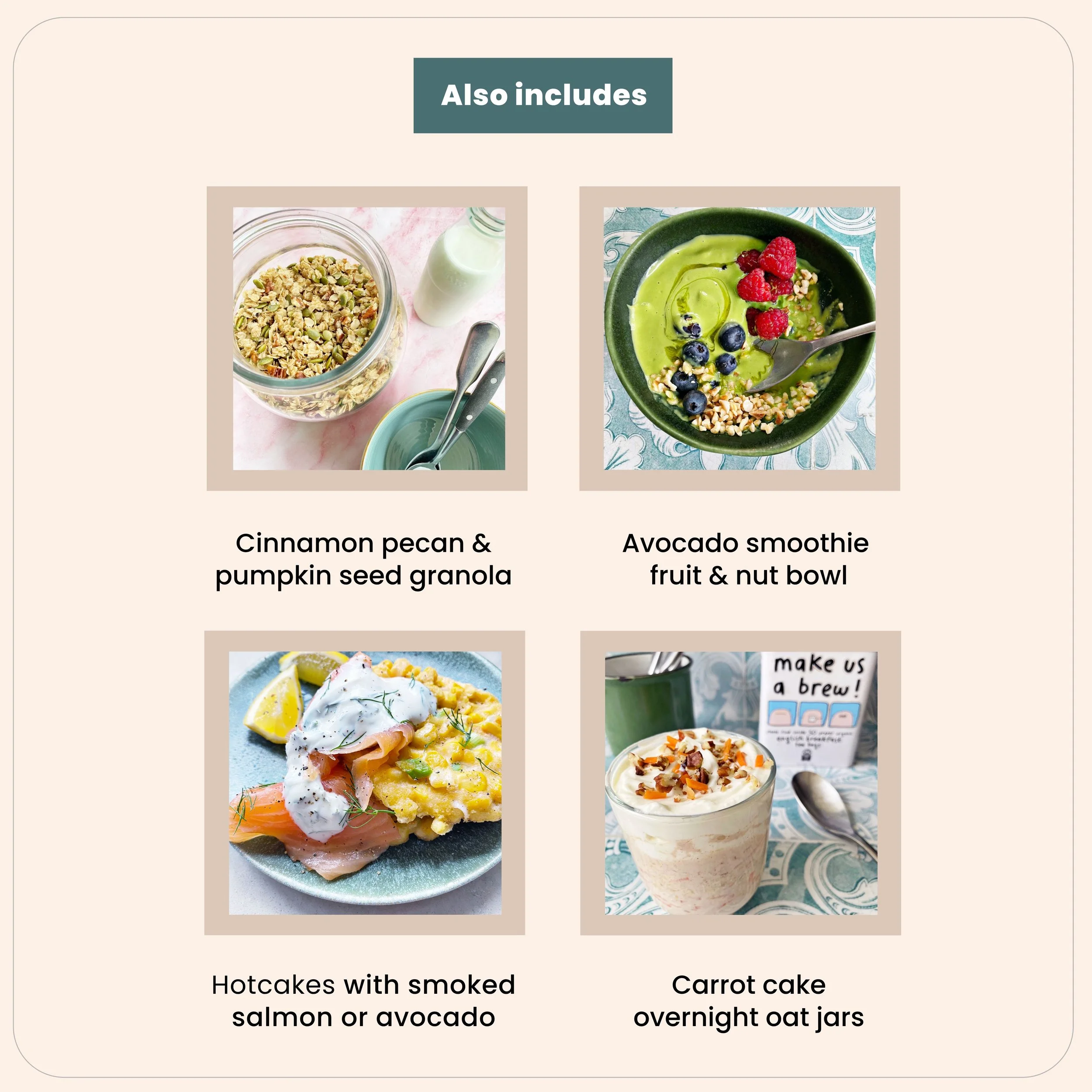 Contents page of meal prep breakfast plan showing included recipes
