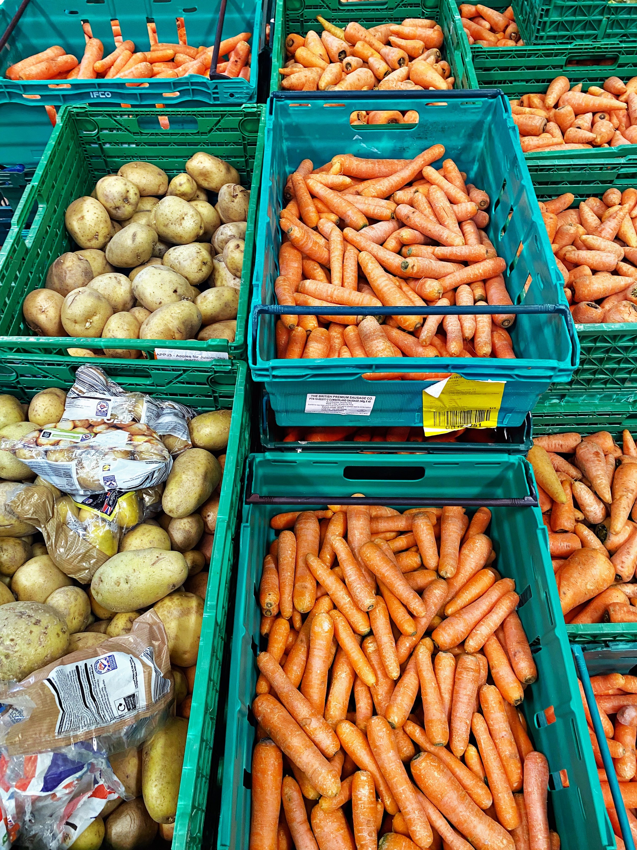 Fresh rescued produce including carrots and potatoes at the Oxford Food Hub