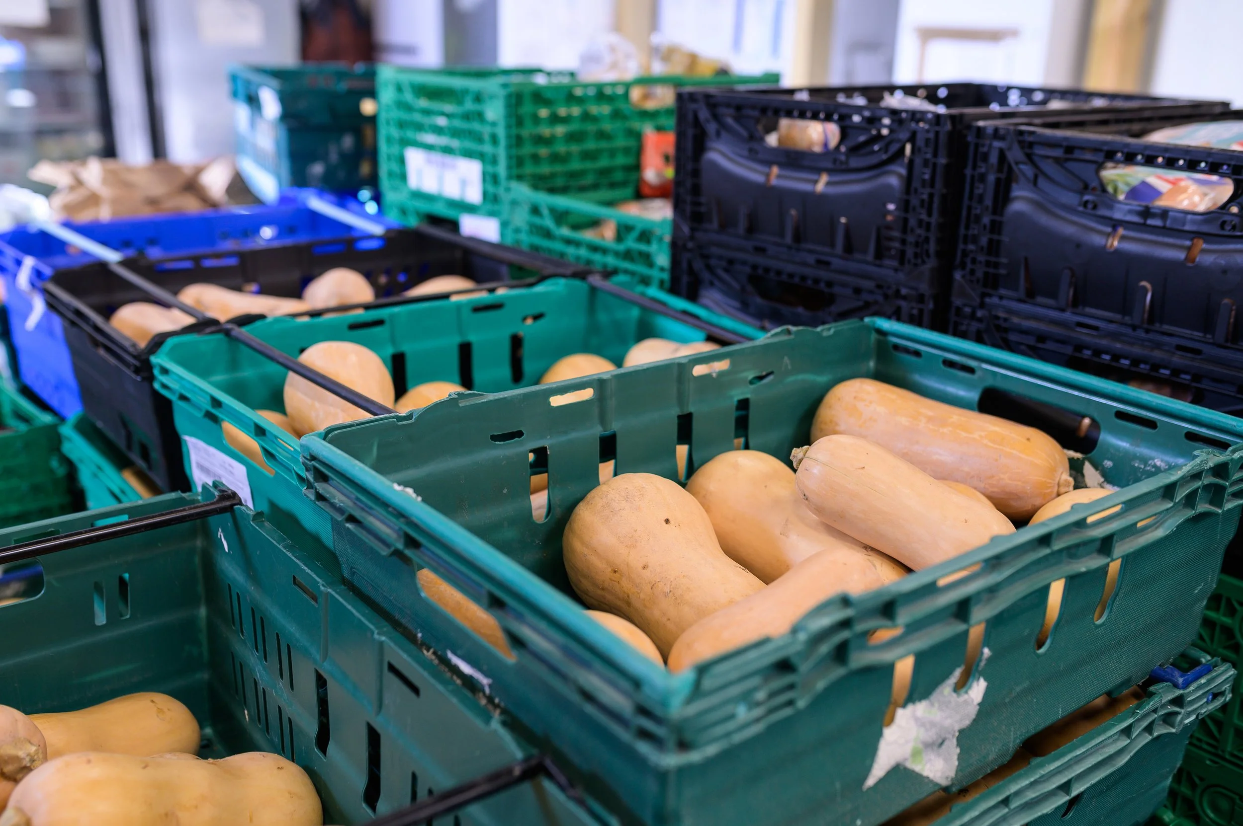 Crates of surplus vegetables at the Oxford Food Hub ready for redistribution