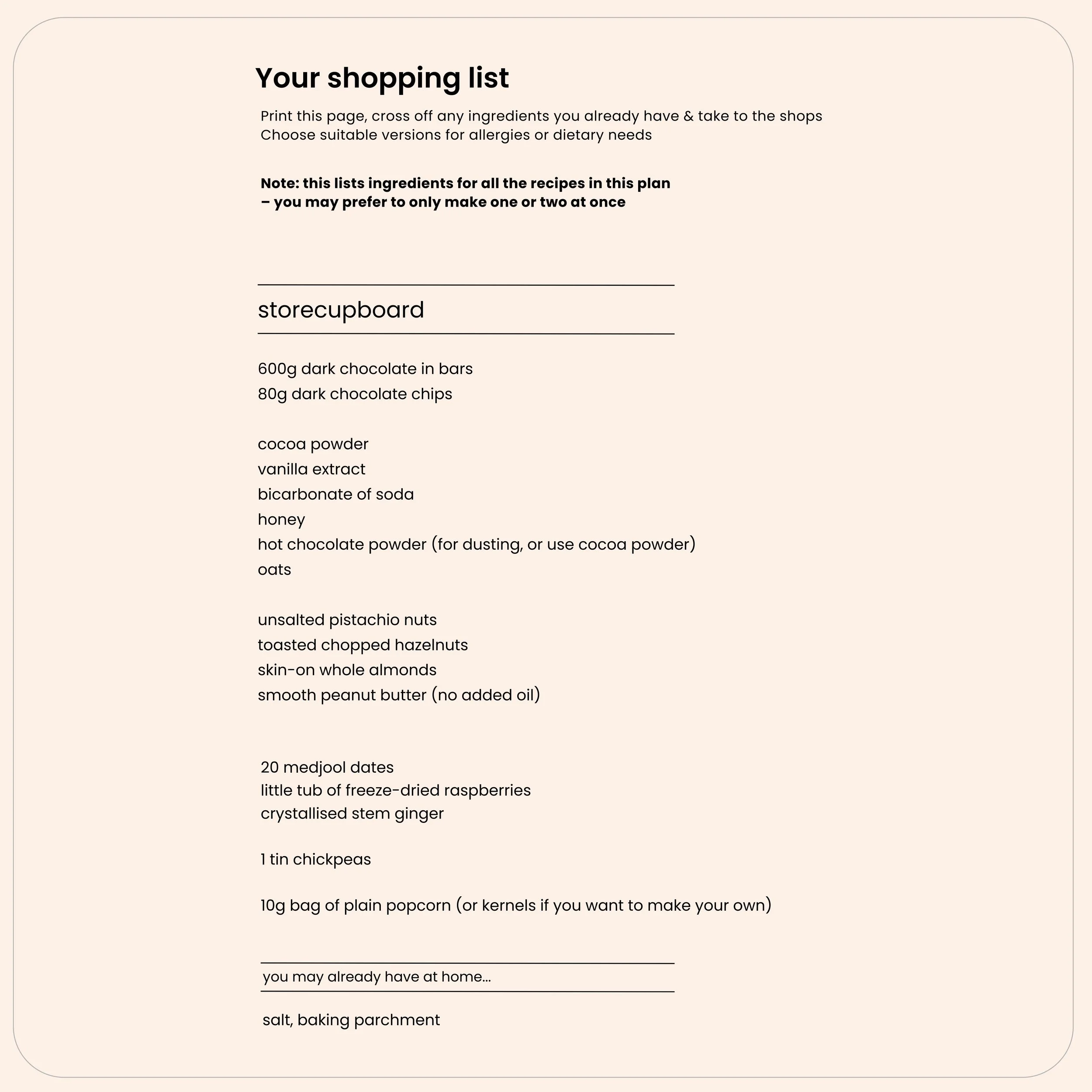 Shopping list for Little Plan of Chocolate meal plan organised by food group