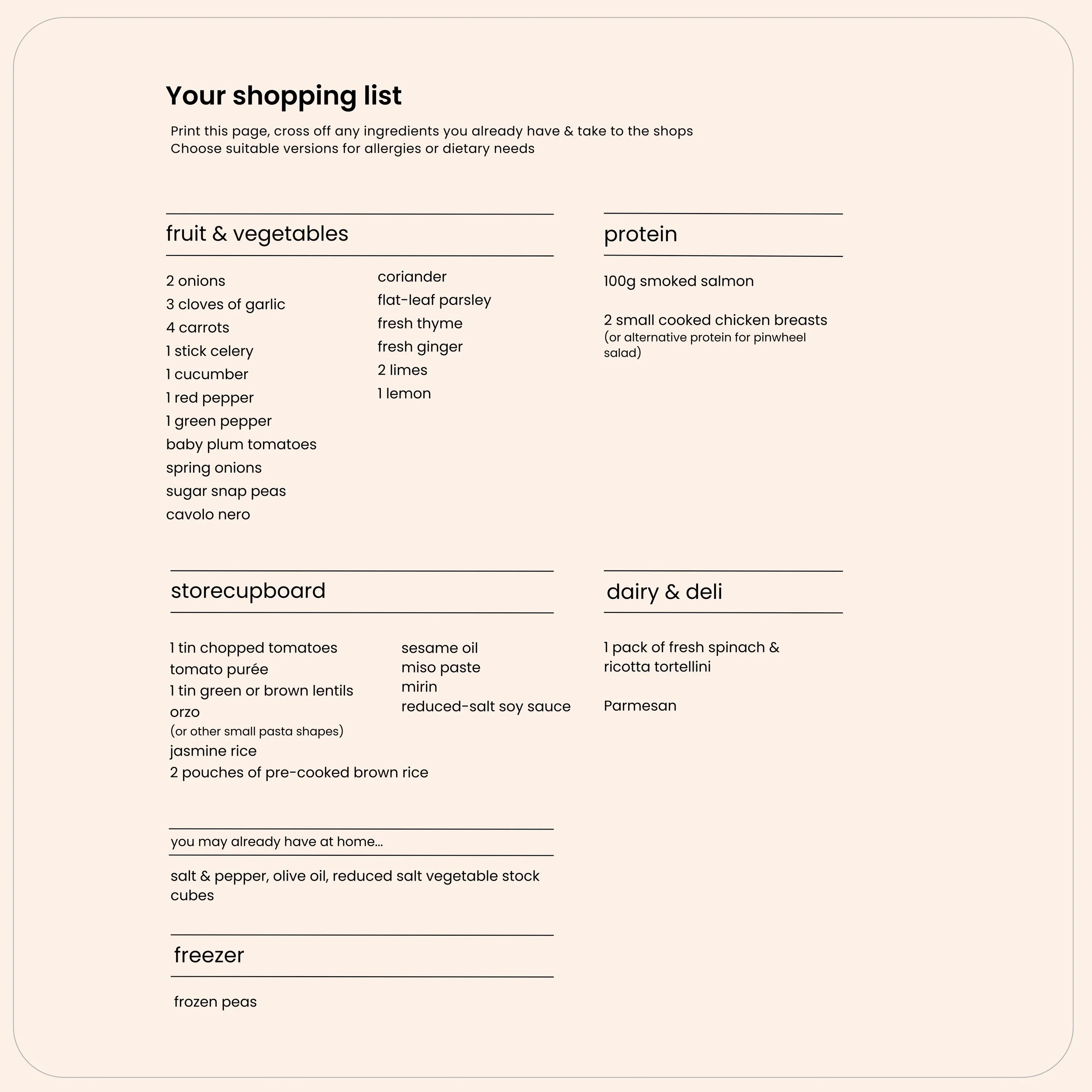 Shopping list for Ready in 15 Spring Edition meal plan organised by food group