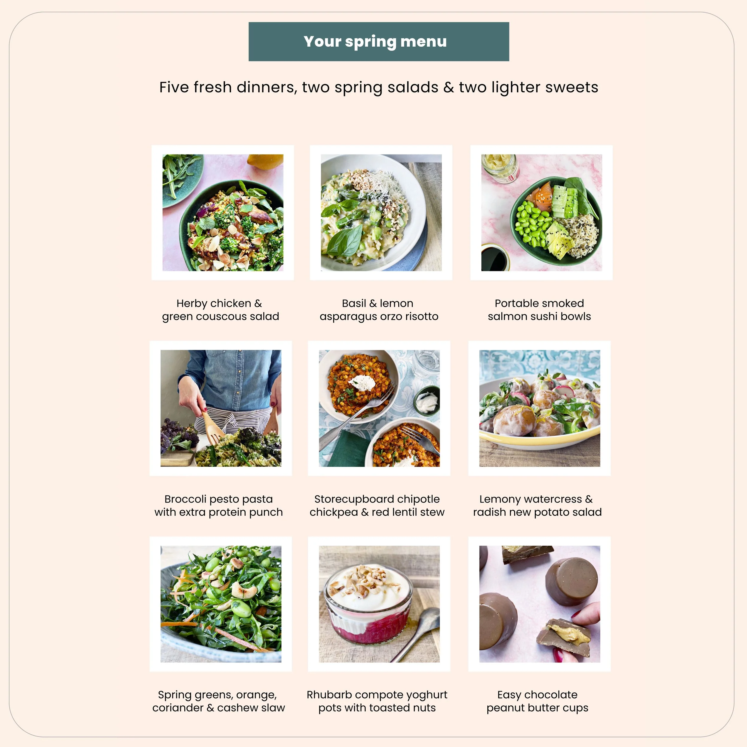 Contents page of simple &amp; seasonal spring meal plan showing included recipes
