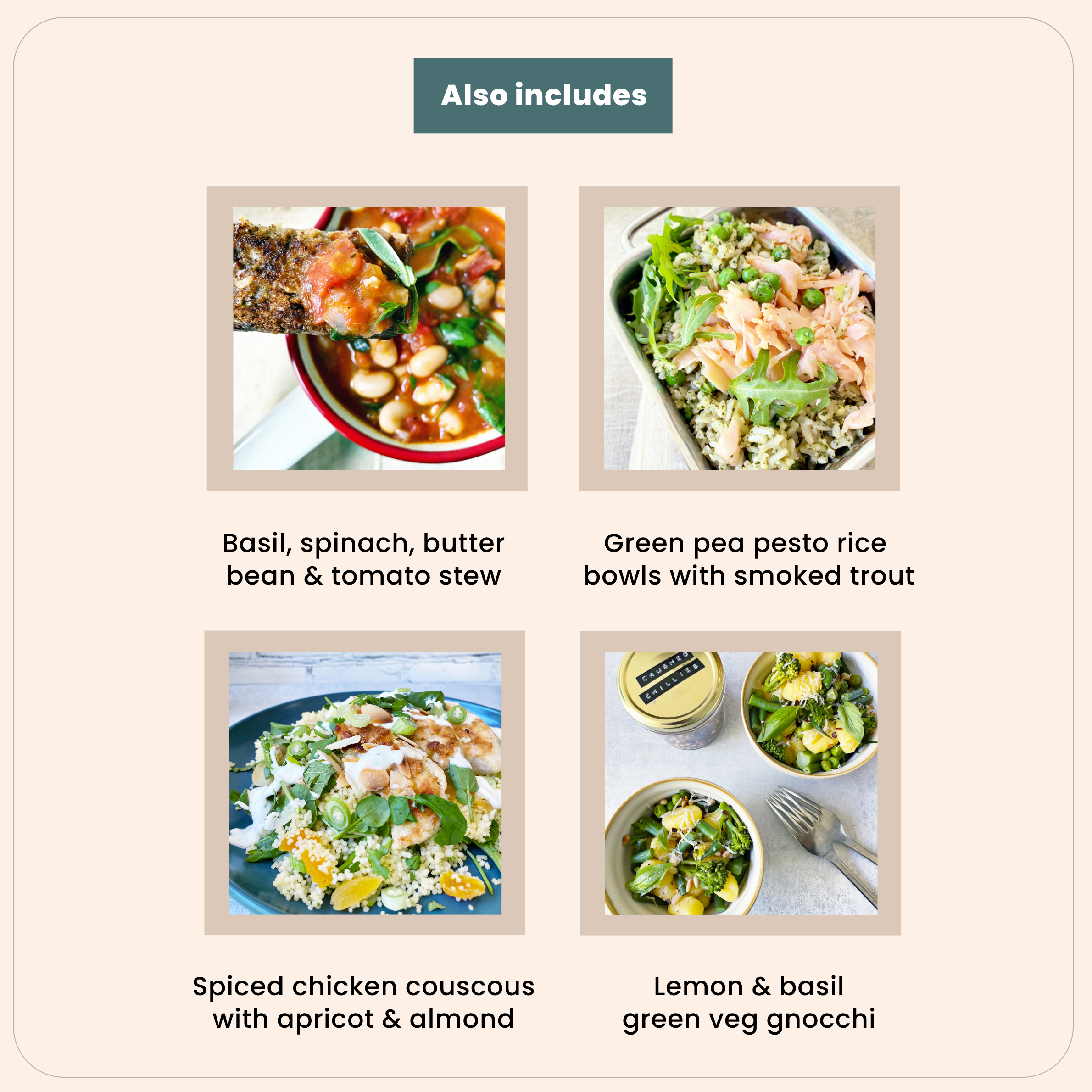 Contents page of Supermarket Sweep Spring meal plan showing included recipes 