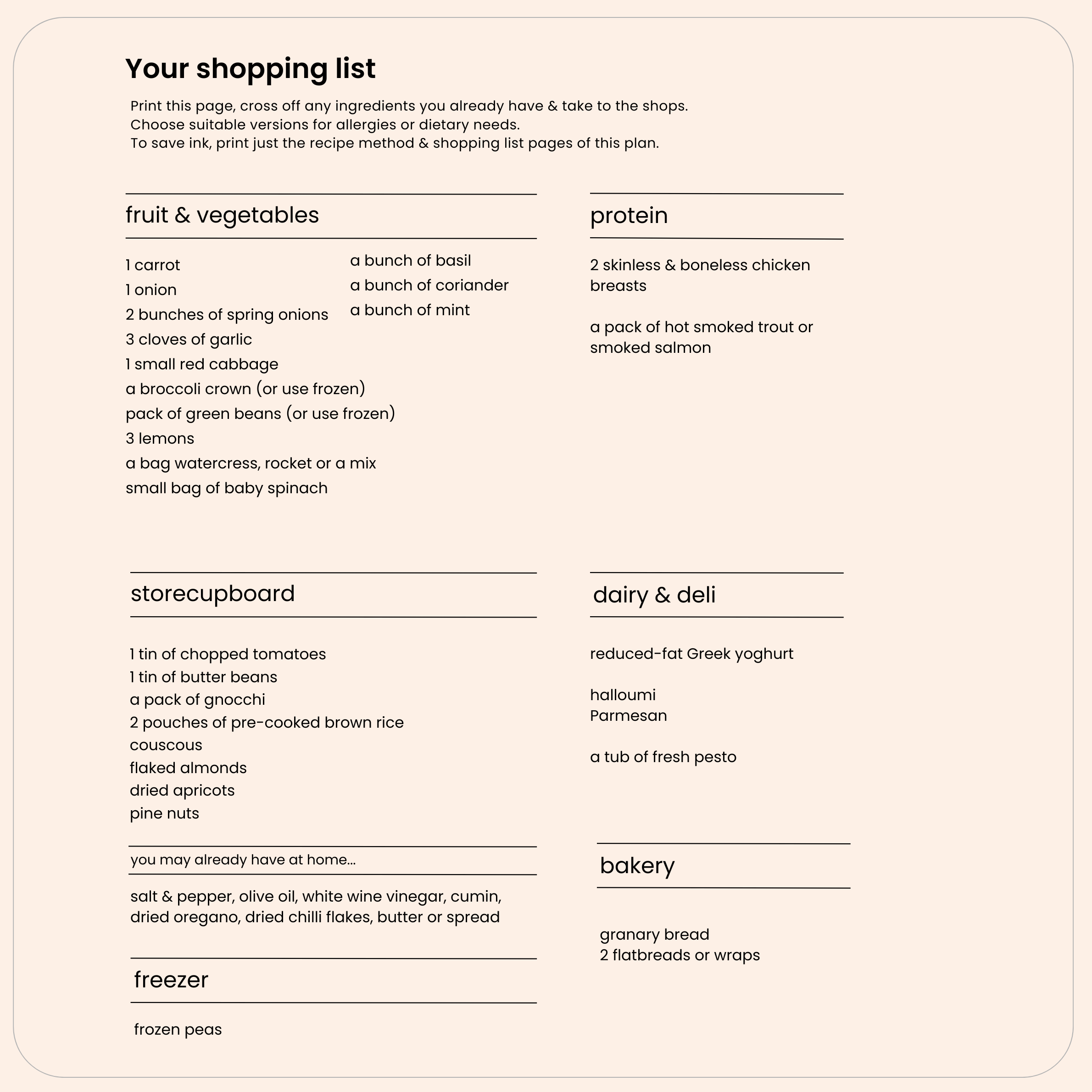 Shopping list for Supermarket Sweep Spring meal plan organised by food group 