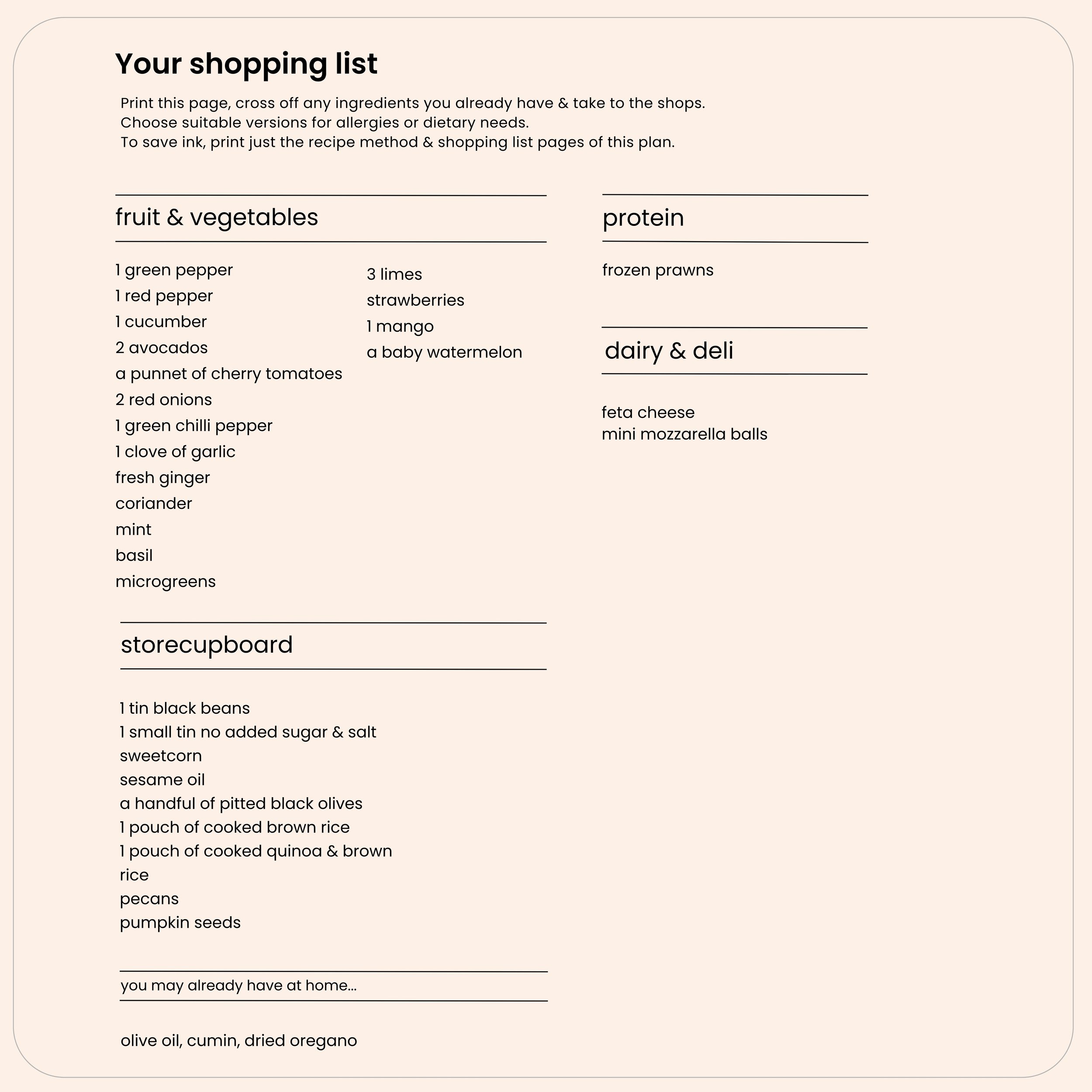 Shopping list for Supermarket Sweep Summer meal plan organised by food group 