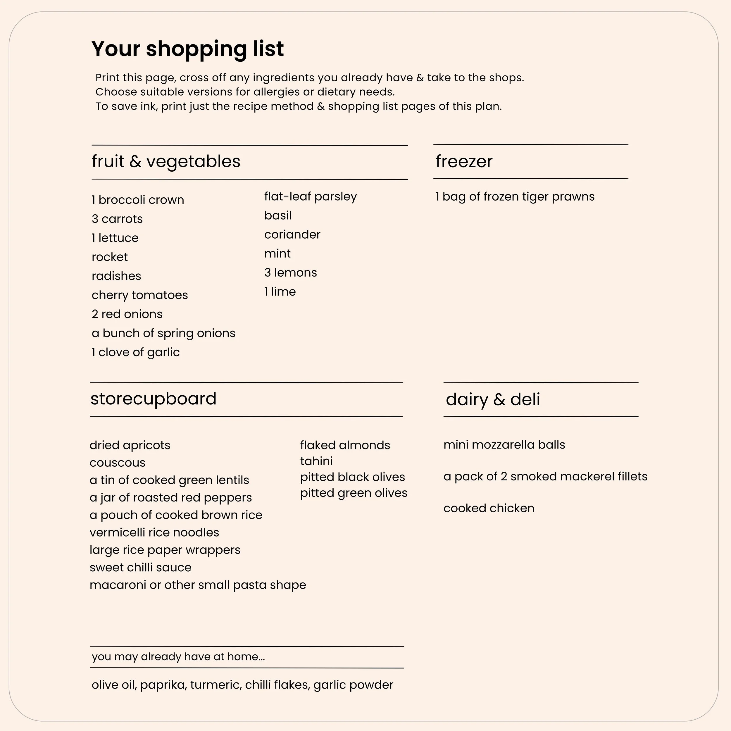 Shopping list for Ready in 15 Summer Edition meal plan organised by food group 