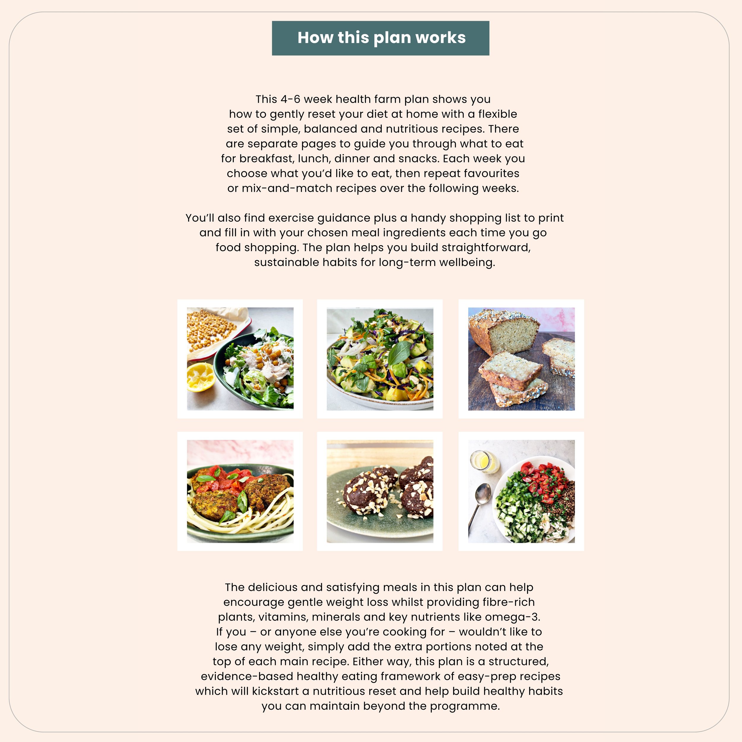 How this Health Farm at Home Summer Reset meal plan works, including flexible weekly meal planning and healthy habit guidance.