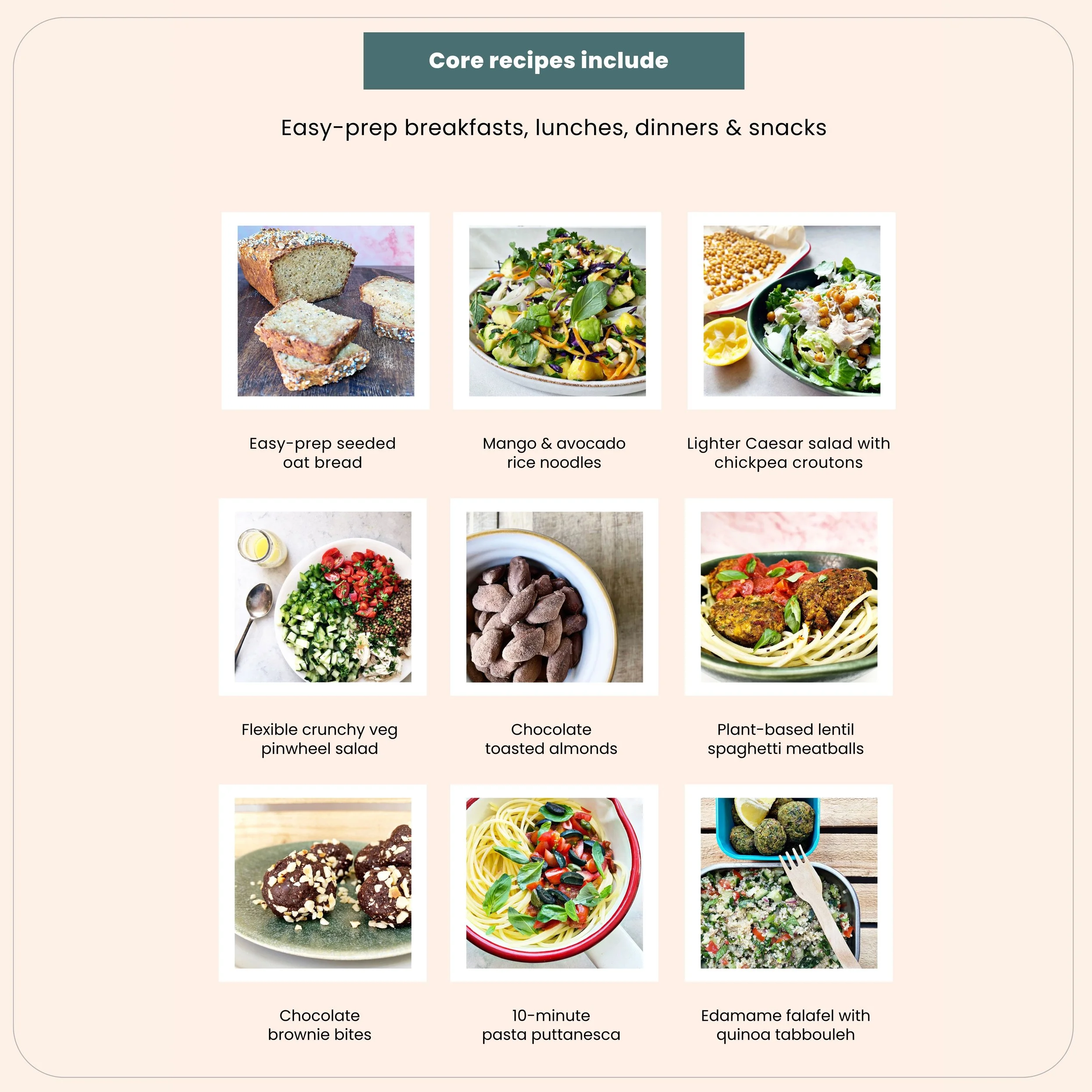 Preview of breakfasts, lunches, dinners and snacks included in the Health Farm at Home Summer Reset meal plan.