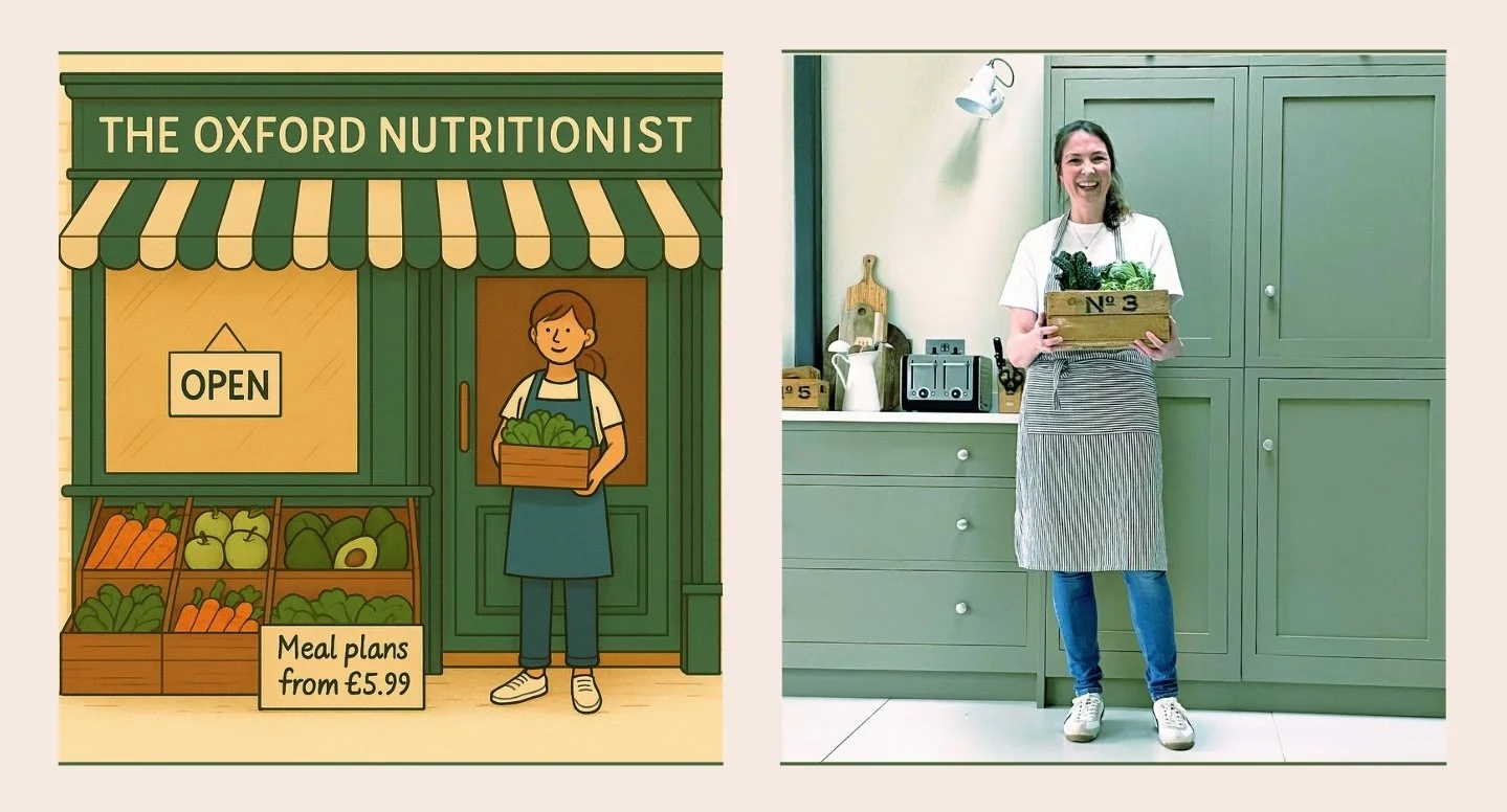 The Oxford Nutritionist shopfront illustration alongside Emily Kerrigan holding a crate of fresh ingredients
