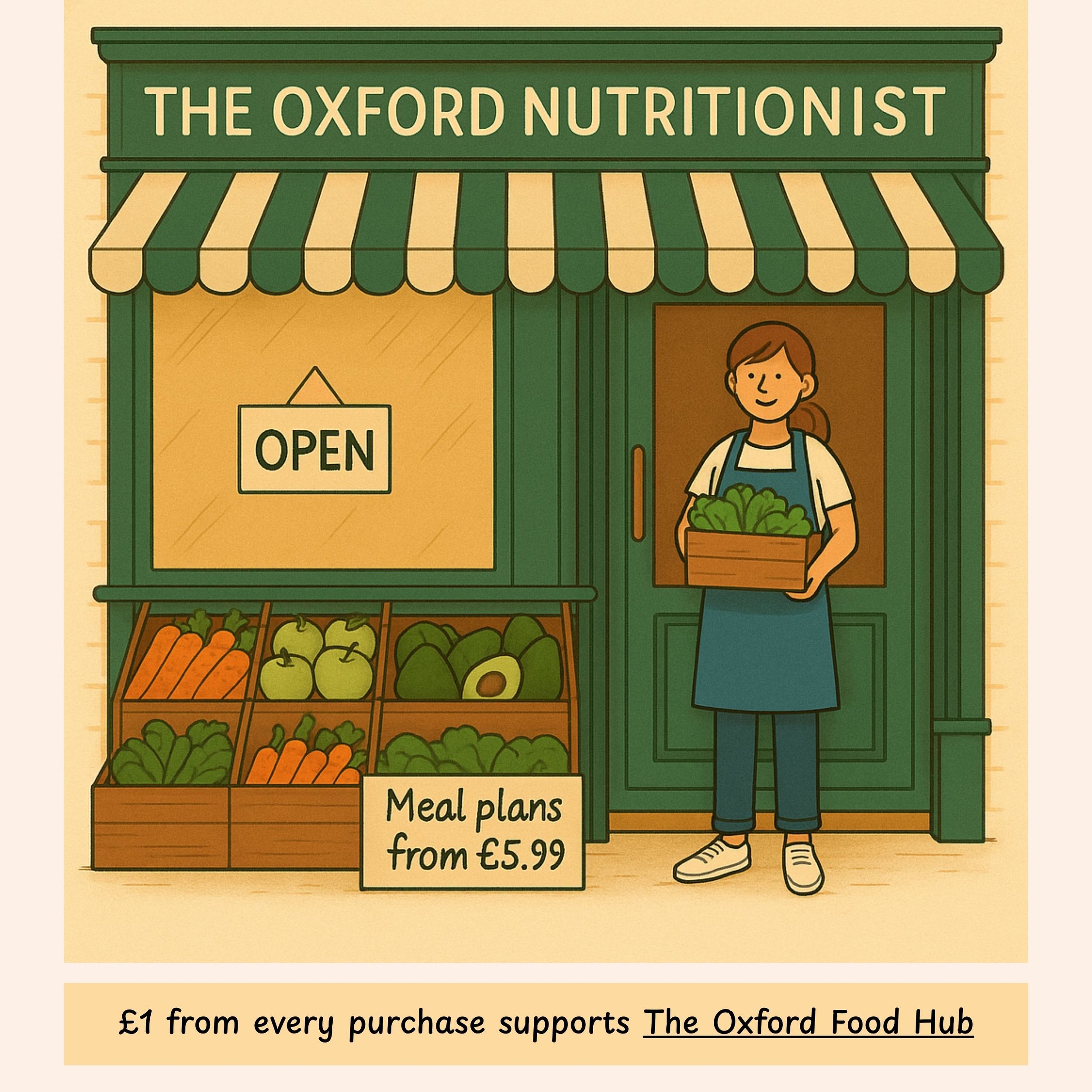 Illustrated shopfront of The Oxford Nutritionist with fresh food and meal plans