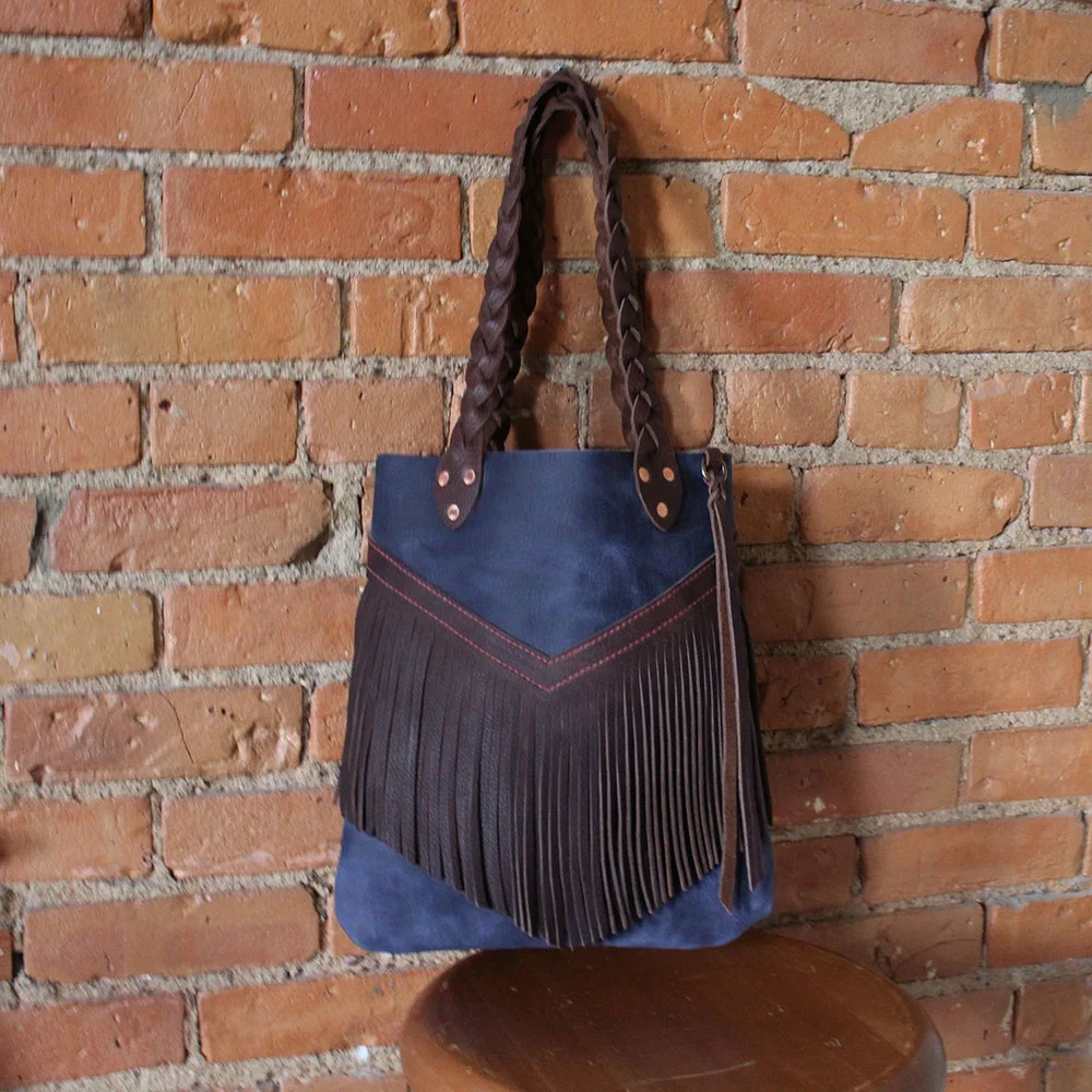 Tia Fringe Tote - Fresh Denim/Chocolate