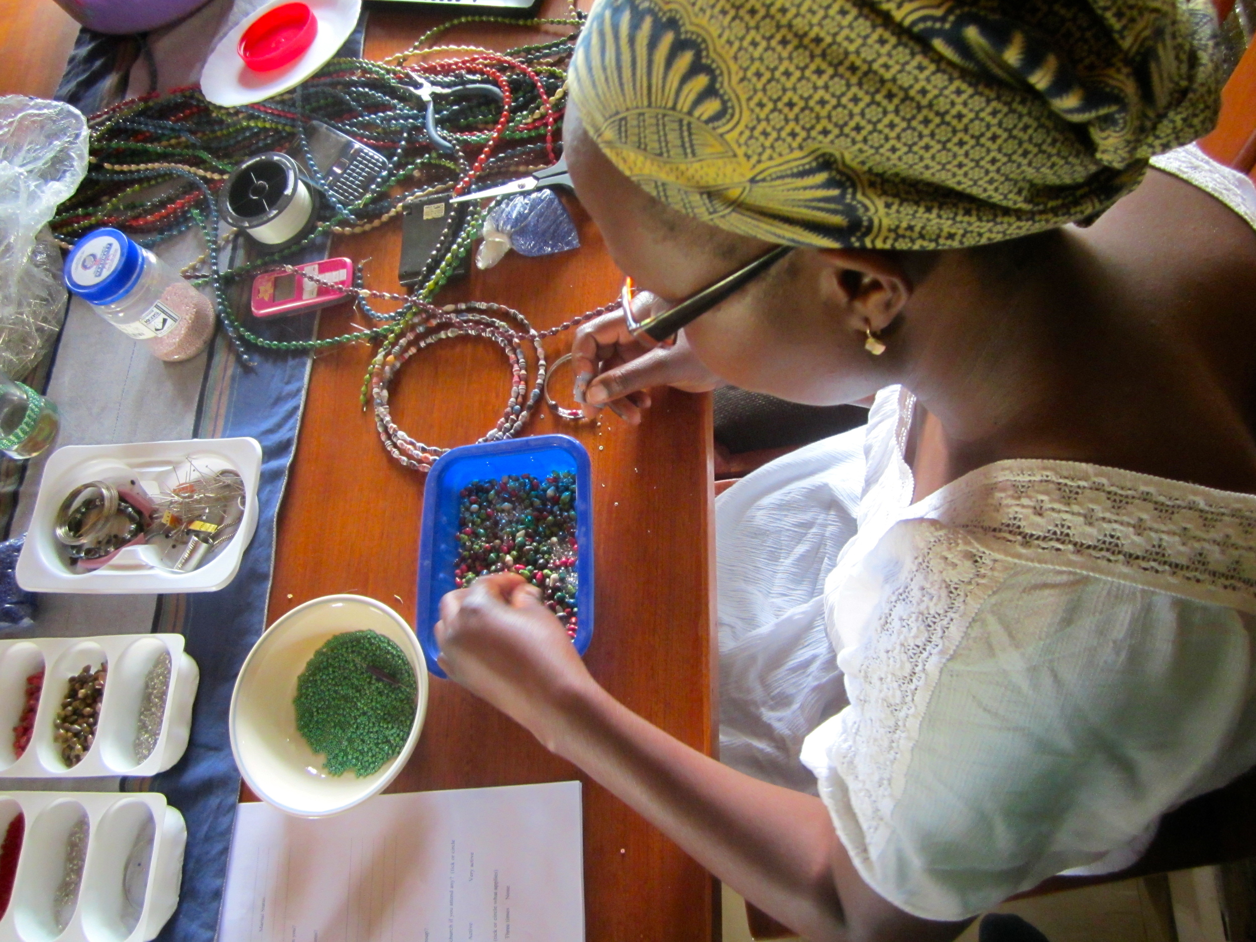 HOW THE ACCESSORIES ARE MADE... 1. Recycled paper is cut into long thin strips. 2. The paper strips are rolled and glued together to form a bead. 3. The beads are strung together and varnished for finishing & sealing. 4. The beads are then strung together to make various accessories.