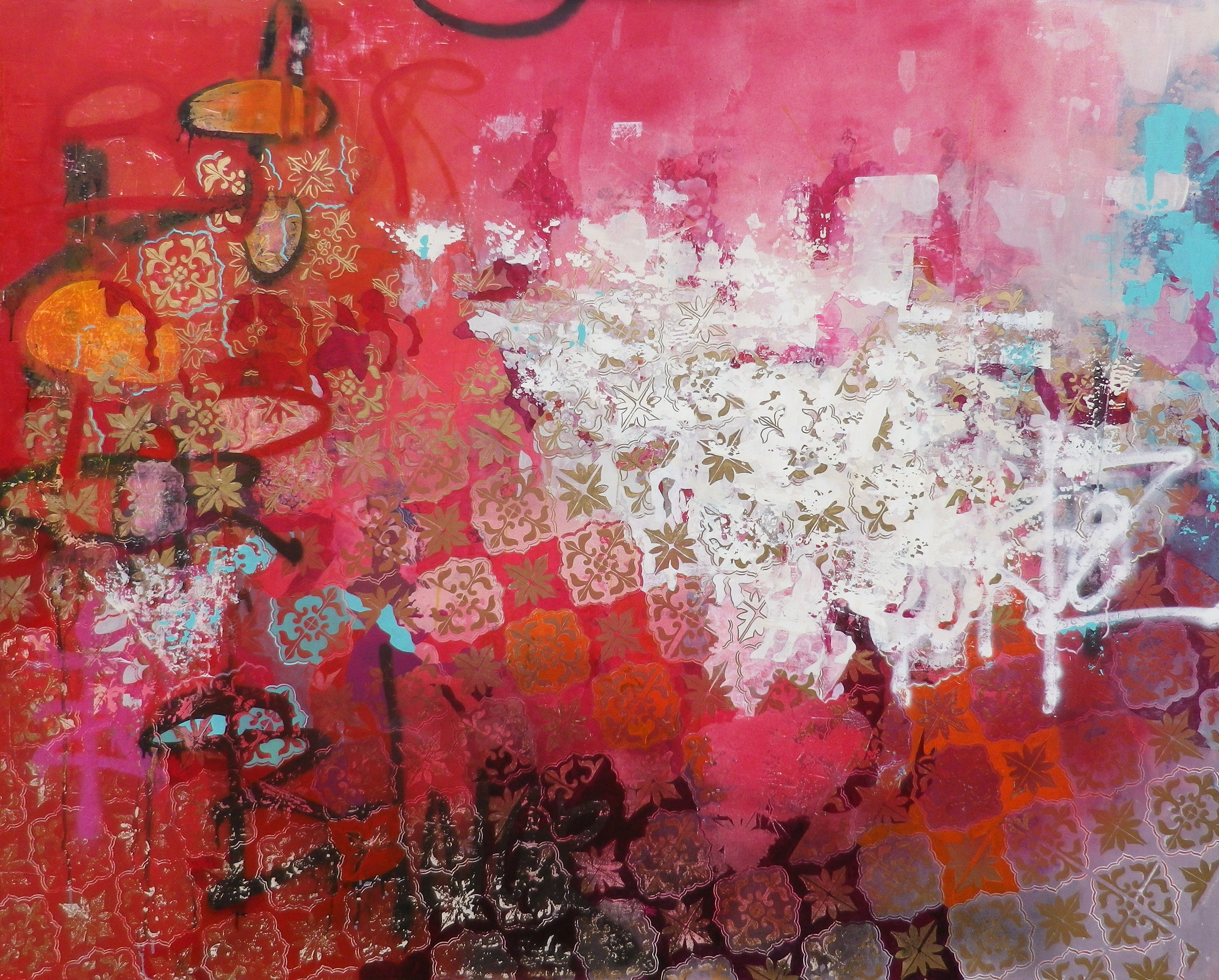 Crystal Latimer, They crave gold like hungry swine, 2015, acrylic, spray paint, metallic gilding on panel 4' x 5'